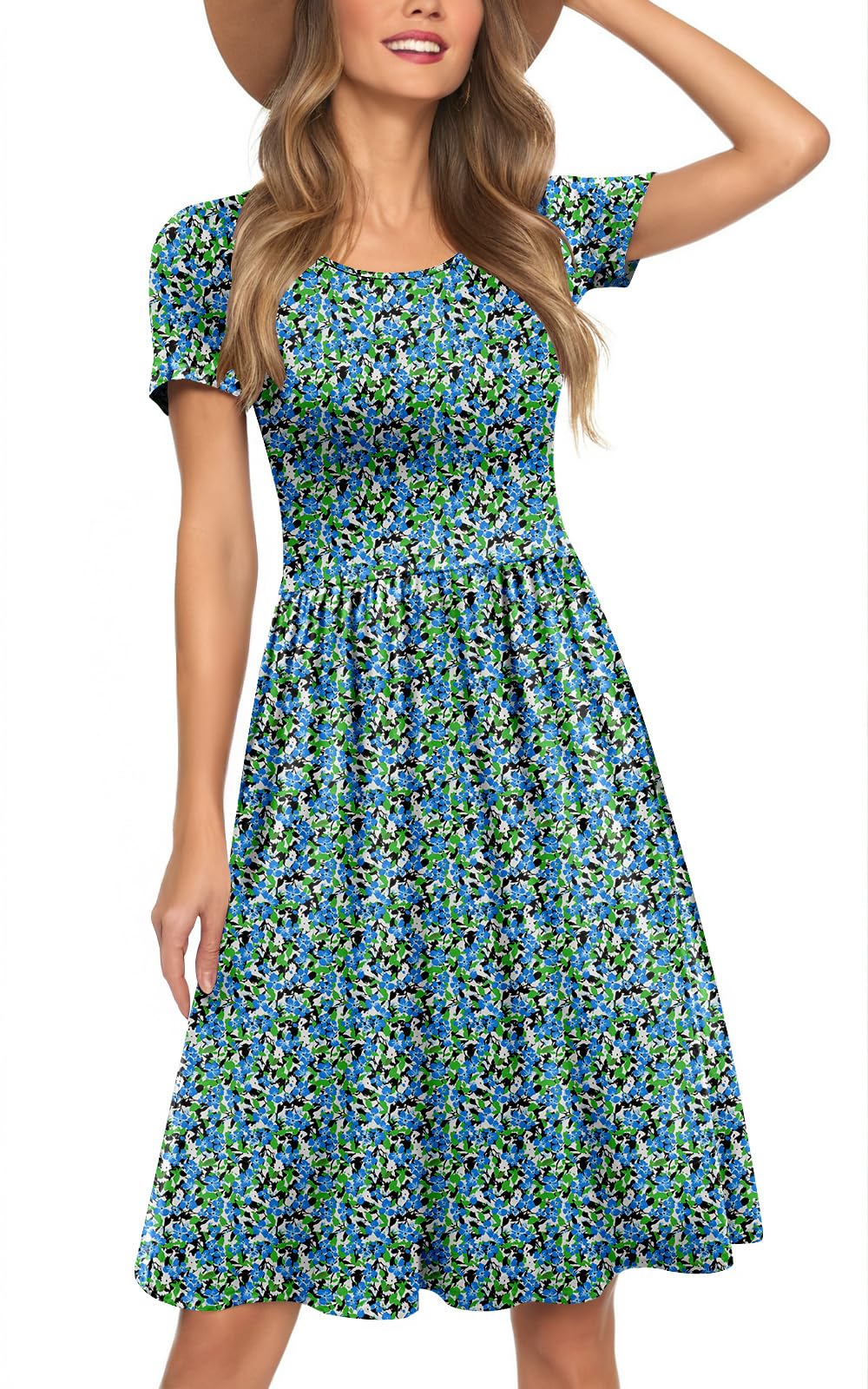 Womens Short Sleeve Empire Waist Dresses Casual Summer Dress with Pockets
