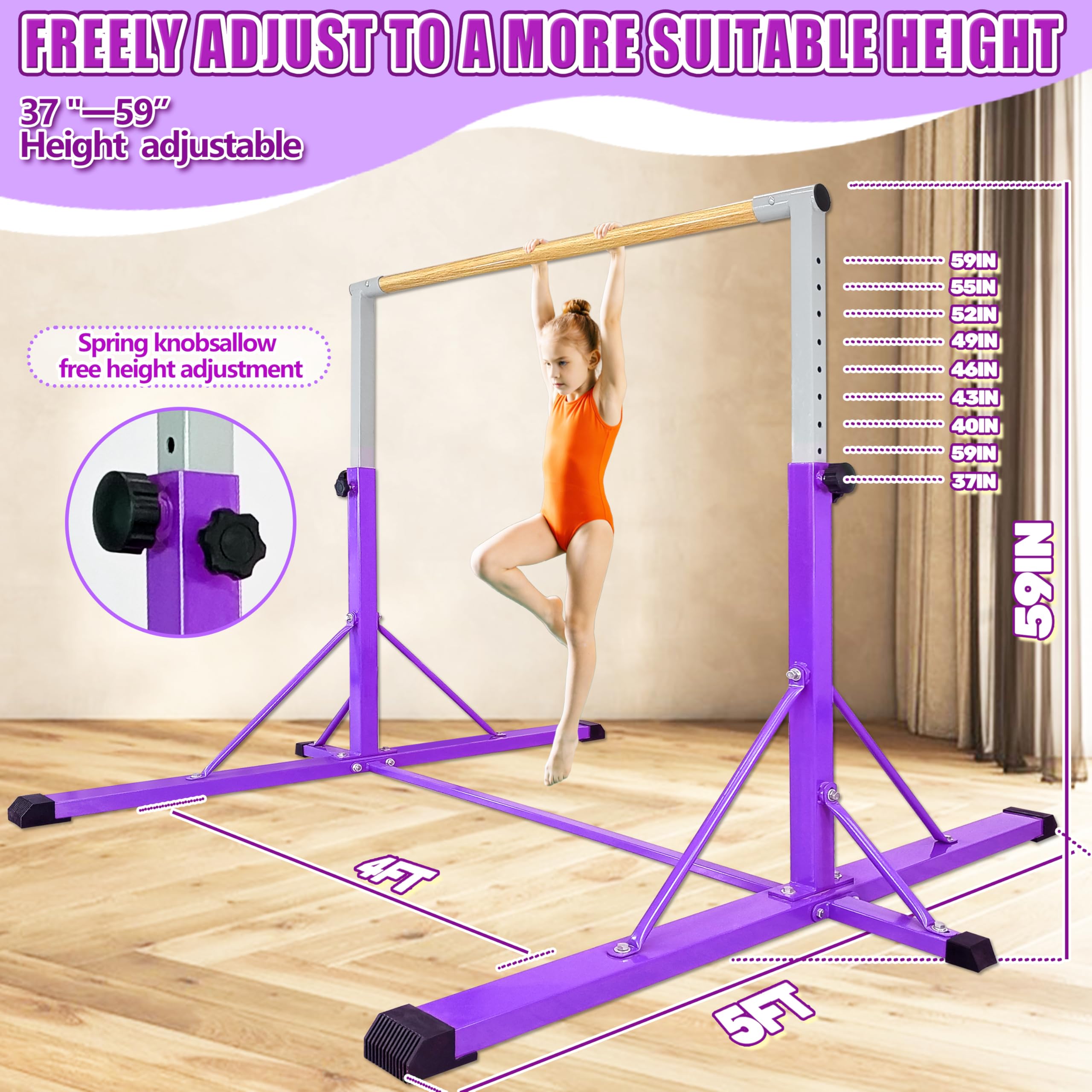 FC FUNCHEER Gymnastics Bar for Kids Ages 3-15, 35" to 60" Adjustable Height, 4FT Wide Base - Professional Kip Bar with 360° Stability & Fiberglass Crossbar, Easy Fold&Solid Design for Home Training