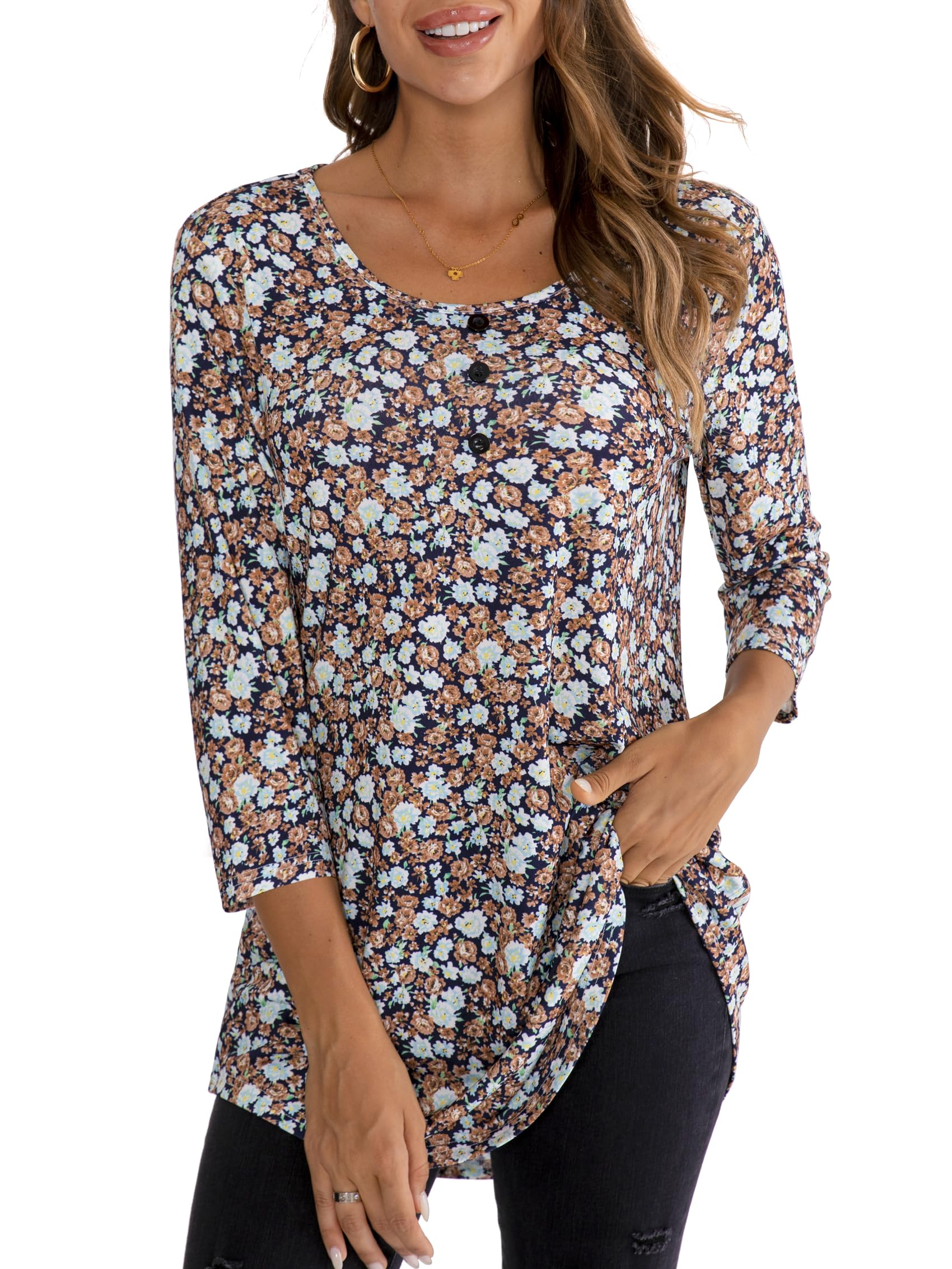 BAISHENGGT Womens Tops 3/4 Sleeve Round Neck Casual Tunic Tops Fall Fashion 2025 Dressy Casual Blouses