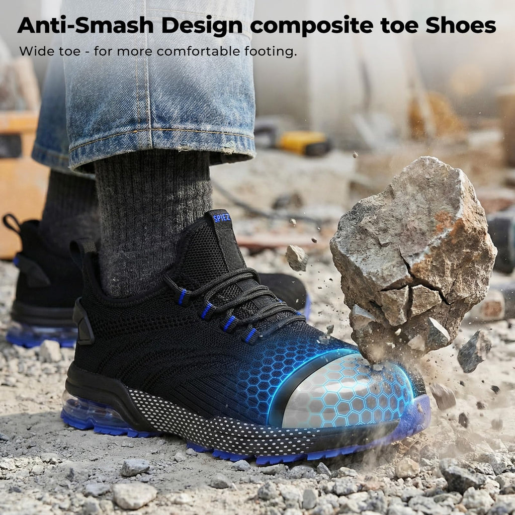SPIEZ Composite Toe Shoes for Men Women, Lightweight Breathable Non Steel Toe Safety Shoes, Puncture Proof Slip Resistant Work Sneakers for Construction,Warehouse,Black Blue/Black Yellow