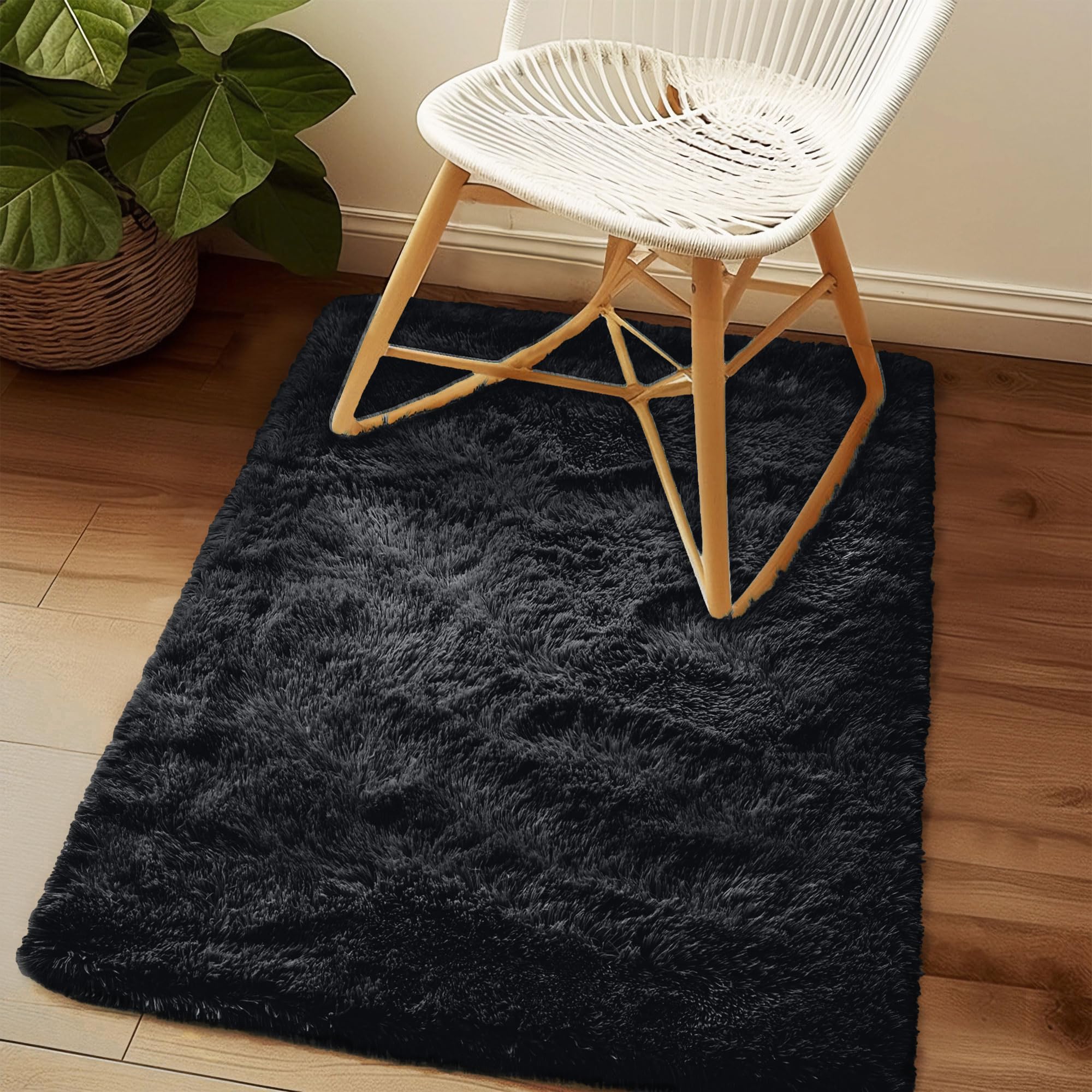 Awaytail Fluffy Rug Washable 2x3 Feet, Pure Black Desk Chair Rug Non-Slip, Super Soft Kids Rug for Boys Nursery Dorm Decor