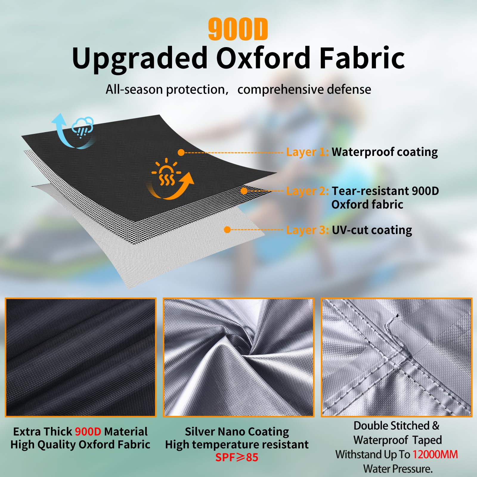 Jet Ski Cover,Heavy Duty 900D Oxford Jetski Cover 2 3 Seater with 2 Air Vents，4 Windproof Buckles，Easy On，Jetski Cover Waterproof for Seadoo Spark,Yamaha,All Weather Protection(Black, XL:115"-120")
