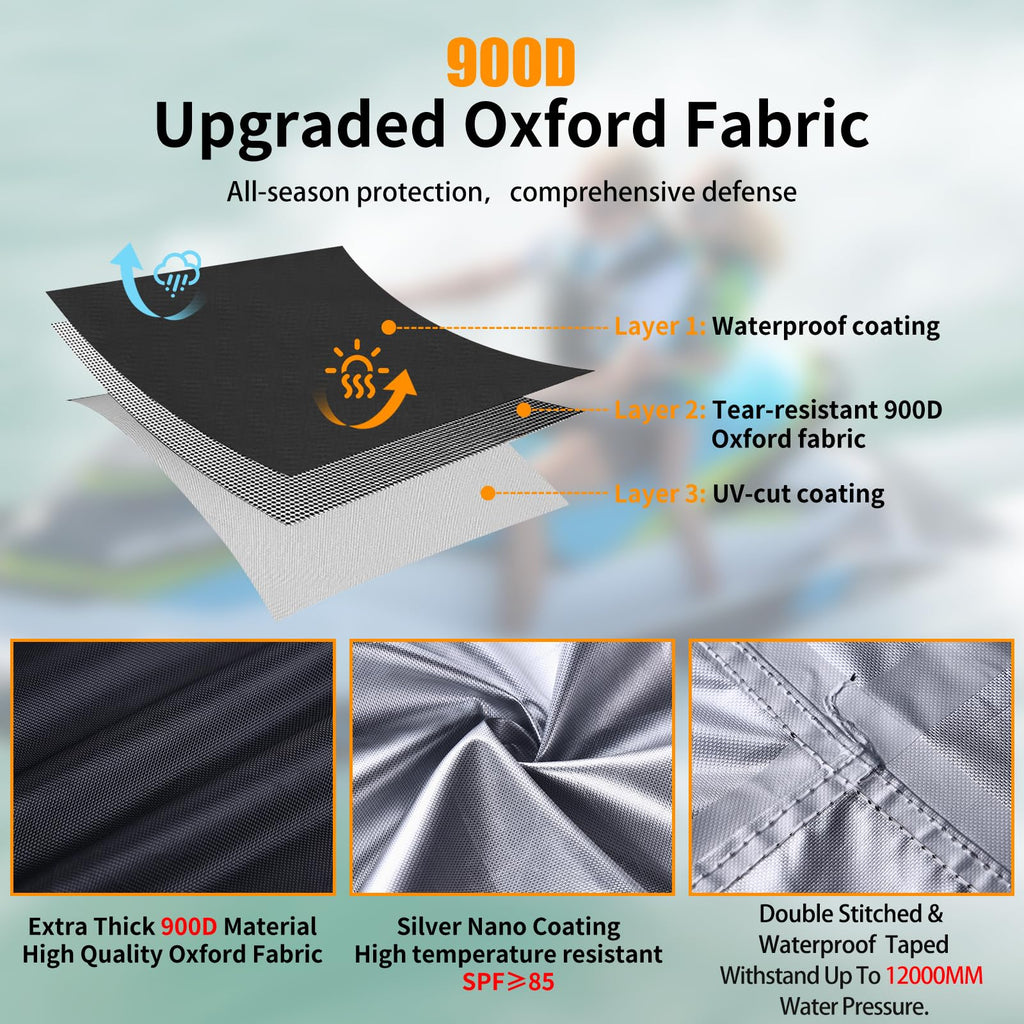 Jet Ski Cover,Heavy Duty 900D Oxford Jetski Cover 2 3 Seater with 2 Air Vents，4 Windproof Buckles，Easy On，Jetski Cover Waterproof for Seadoo Spark,Yamaha,All Weather Protection(Black, XL:115"-120")