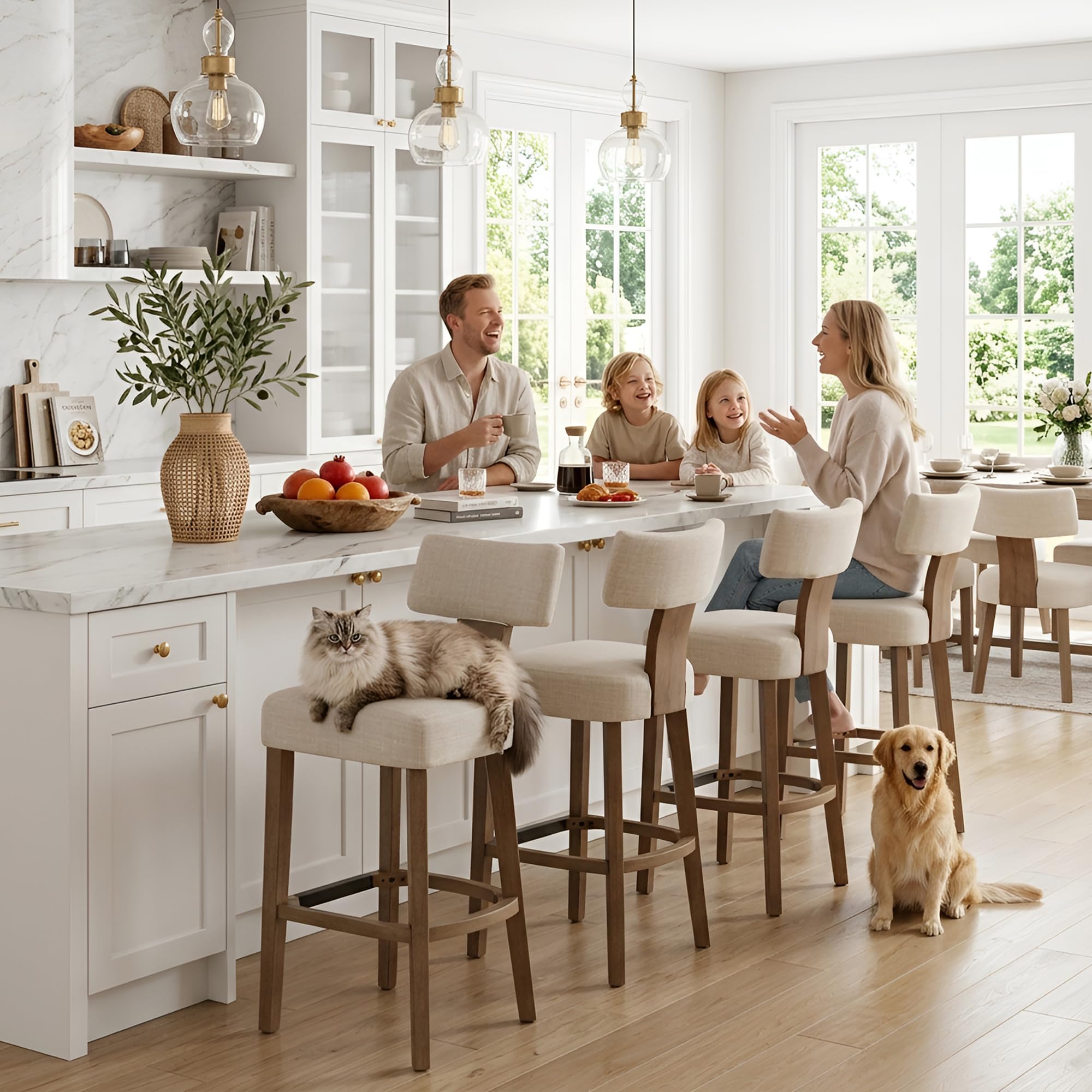 Farmhouse 30'' Extra Tall Bar Stools Set of 2 Modern Counter Height Barstools with Backs Rustic Wood Bar Stools Linen Upholstered Counter Chairs Kitchen Island Stool Chairs with Wood Frame, Beige