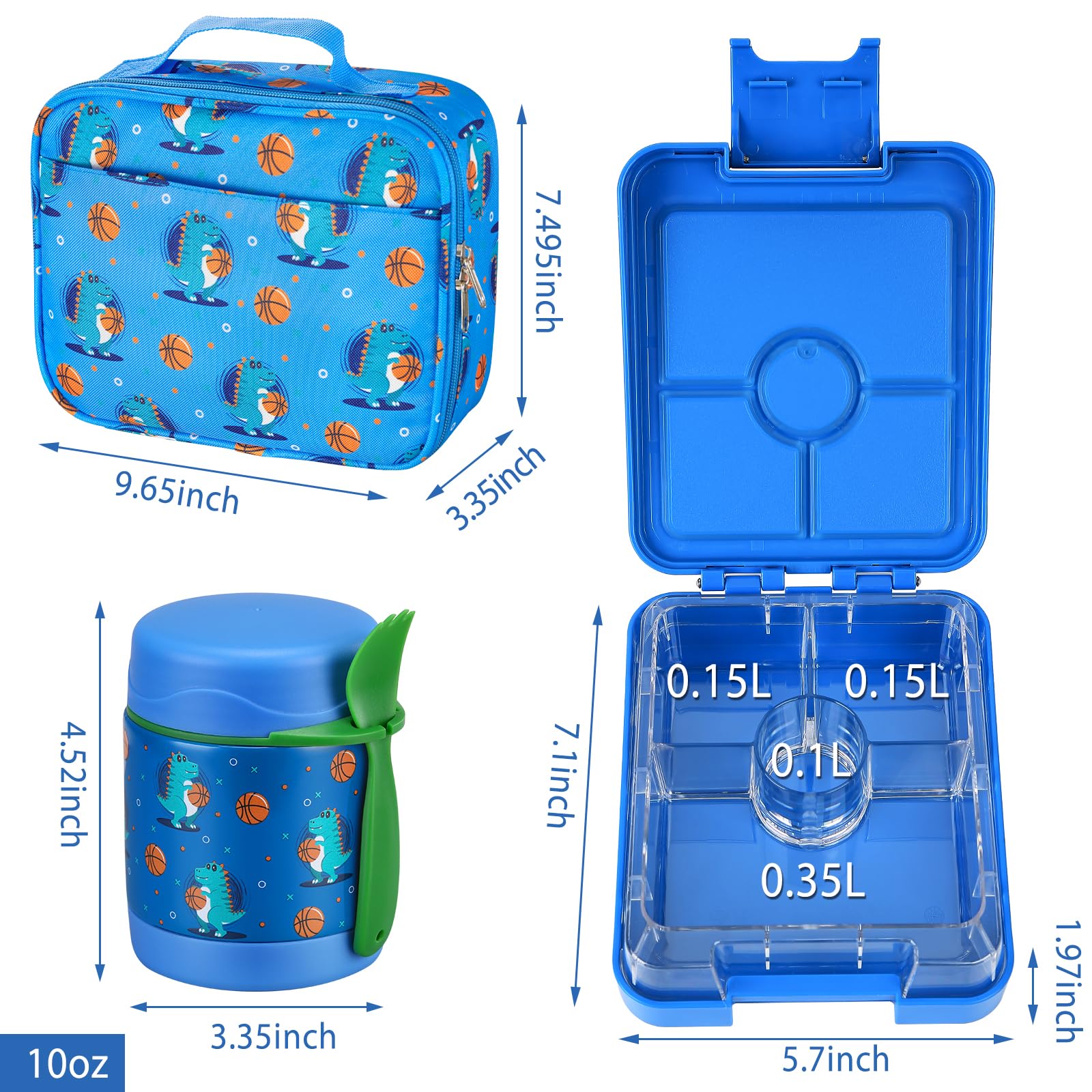 Bento Lunch Box Set for Kids with 10oz Soup Thermo, Leak-Proof Lunch Containers with 4 Compartment, Kids Thermo Hot Food Jar and Insulated Lunch Bag for Kid to School,BPA-Free(Basketball)
