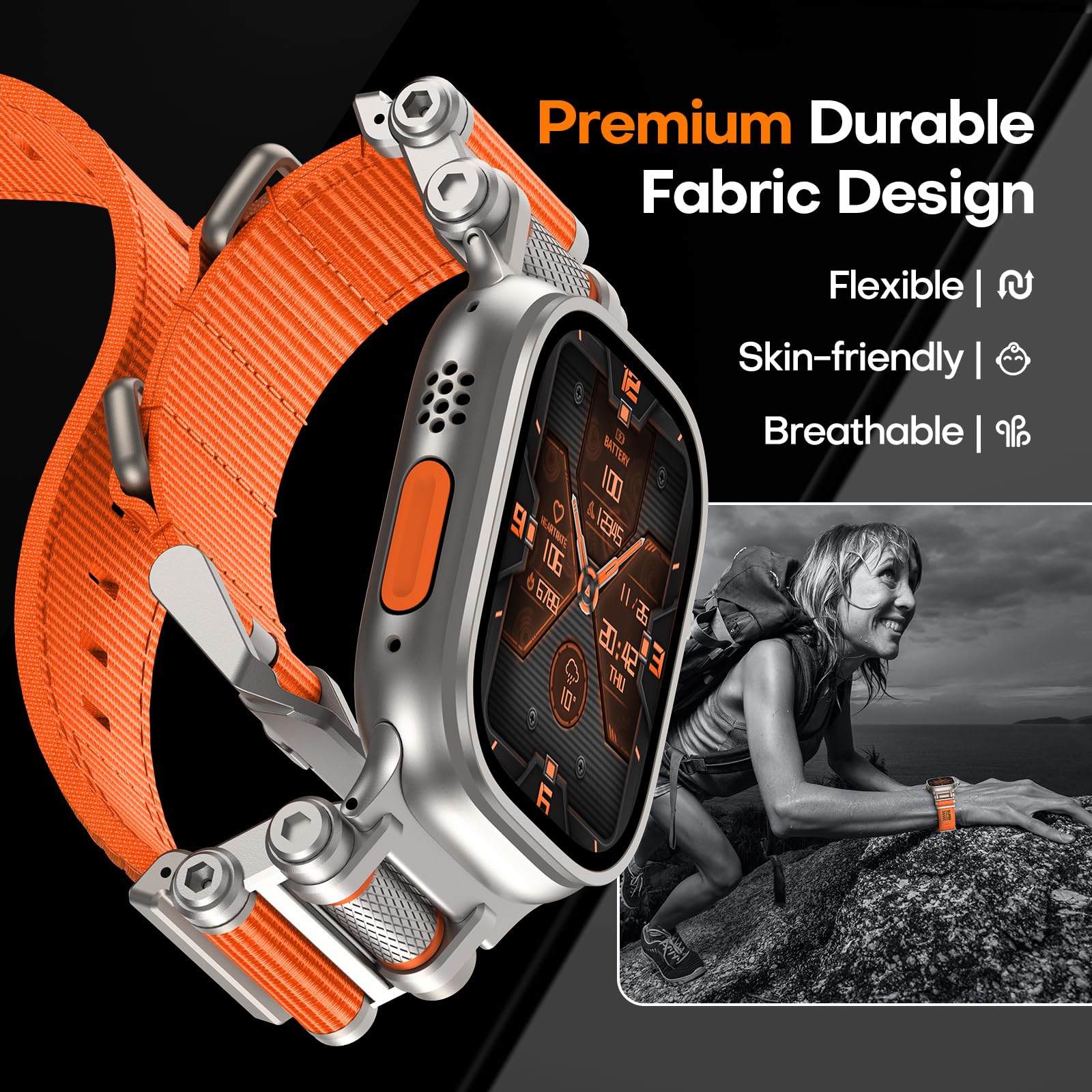 TAURI Nylon for Apple Watch Bands SE/Series 9/8/7/6/5/4 44/45mm, Rugged Nylon Braided Strap & Stainless Steel Connector – iWatch 44mm/45mm Adjustable Woven Band for Men Women, All Black