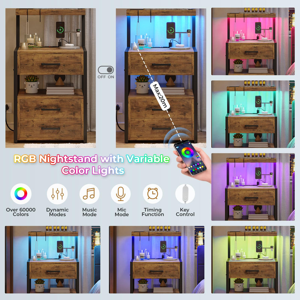 VIAGDO Led Nightstand with Charging Station, 3 Drawers Night Stands with Led Lights, Black Bedside Tables with Storage Shelves, Modern End Side Tables for Bedroom, Office