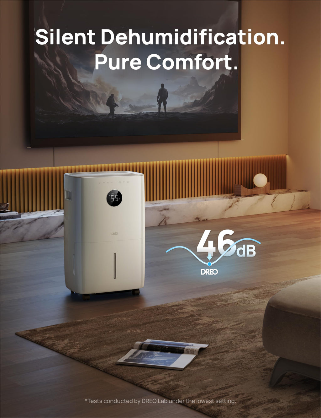 DREO 110-Pint Smart Dehumidifier for Basement, 4500 Ft² for Large Room, 2 Gallon Water Tank, Auto/Comfort/Constant Mode Dehumidifiers for Home, Bedroom, Bathroom, with Drain Hose, Black, 711S