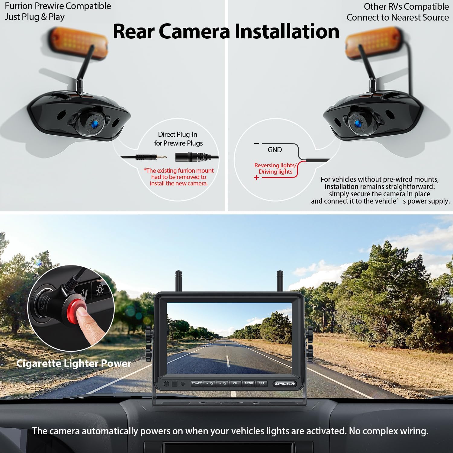 ZEROXCLUB 1080P 7" Wireless RV Backup Camera System, Compatible with Furrion Pre-Wired RV Truck Trailer, DVR Monitor & IR Night Vision Rear View Camera, IP69 Waterproof, Adjustable Parkinglines, BW7M