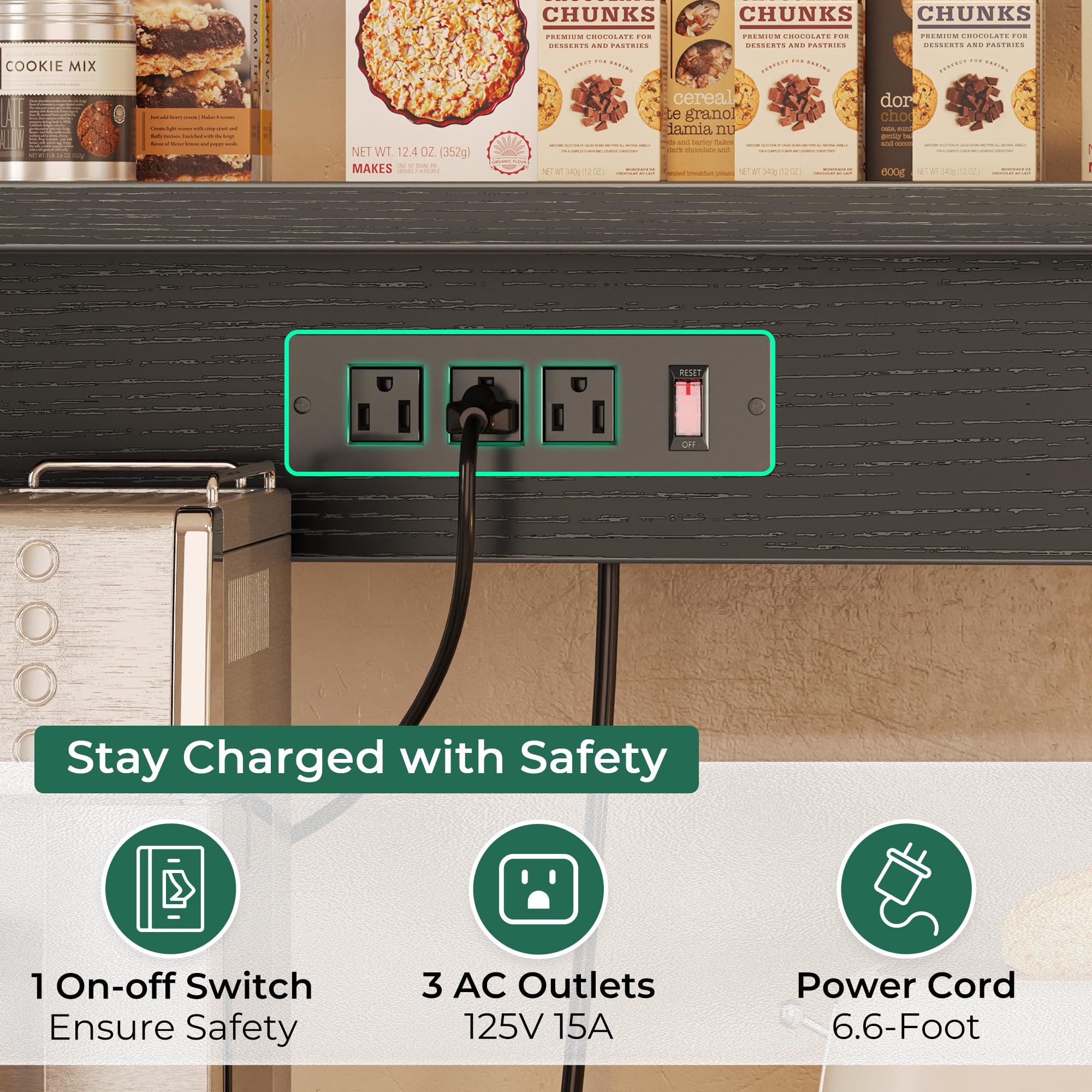 SUPERJARE Bakers Rack with Power Outlet, 35.4 Inches Coffee Bar with Wire Basket, Kitchen Microwave Stand with 6 S-Shaped Hooks, Open Storage Shelves, Black