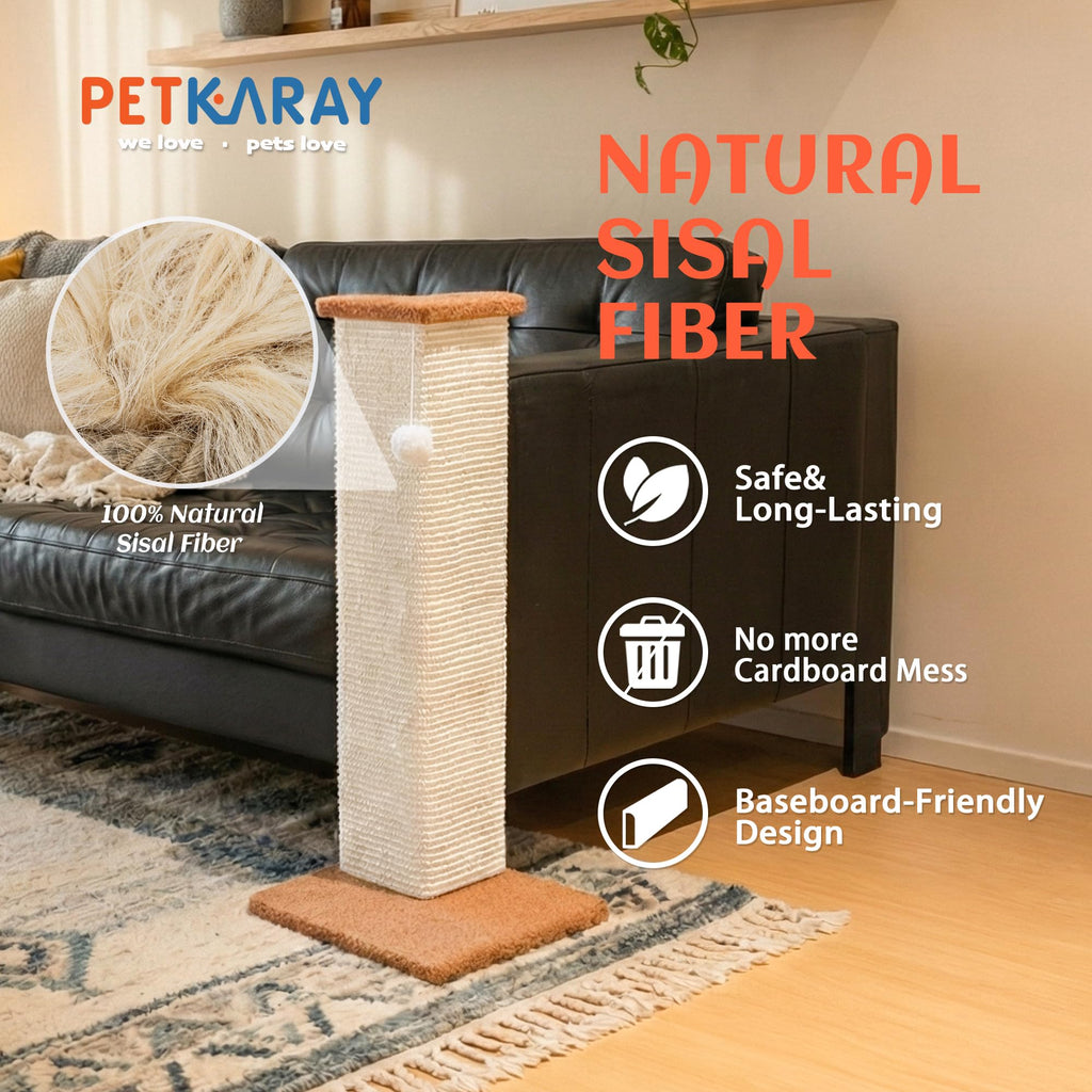 PETKARAY Couch Corner Cat Scratcher, 28.5" Sisal Scratching Post for Cats | Corner Wall Scratch Pad for Furniture Protection, Large Vertical Cat Scratching Post with Plush Base