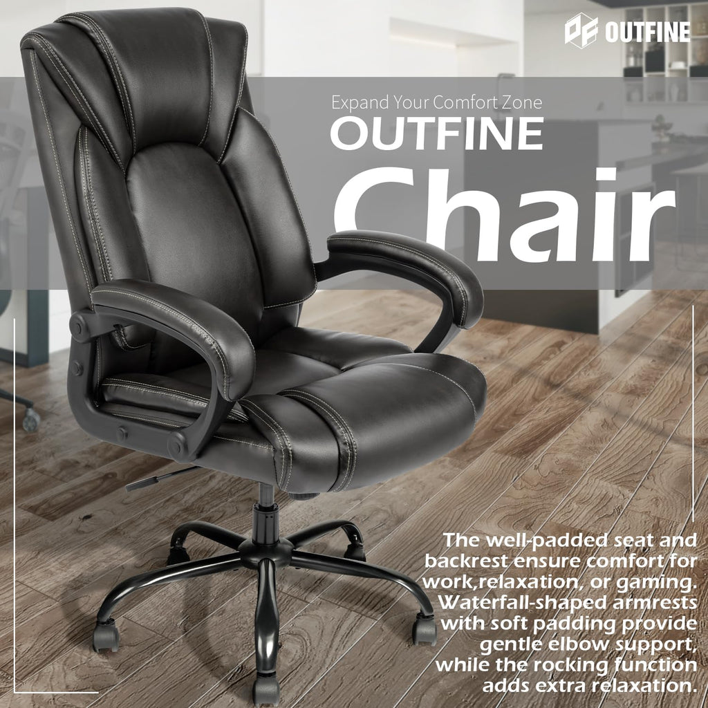 OUTFINE Office Chair Executive Office Chair Desk Chair Computer Chair with 5-Year hydrolysis-Resistant Leather Spring Cushion Ergonomic Support Tilting Function Upholstered in Bonded Leather Black