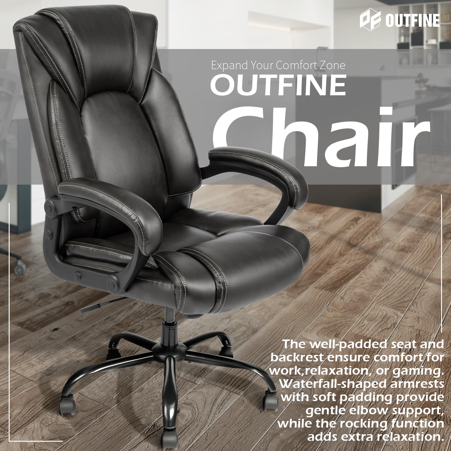 OUTFINE Office Chair Executive Office Chair Desk Chair Computer Chair with 5-Year hydrolysis-Resistant Leather Spring Cushion Ergonomic Support Tilting Function Upholstered in Bonded Leather Black