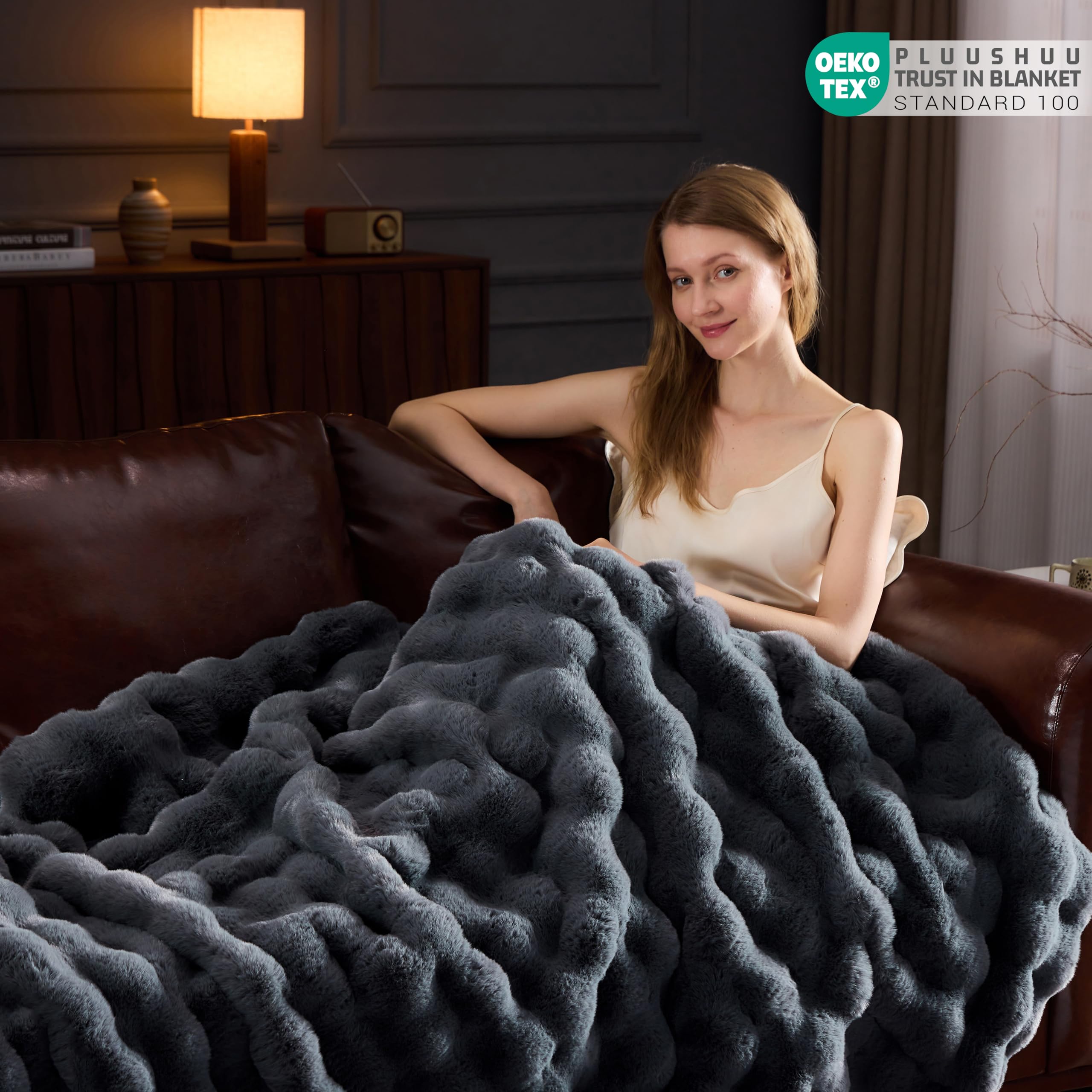 Faux Fur Throw Blanket for Couch, Fluffy Fuzzy Plush Bubble Blanket, Soft Warm Cozy Shaggy Rabbit Blanket, Luxury Decorative Gifts for Sofa Bedroom Living Room, 60x50inch (Beige)