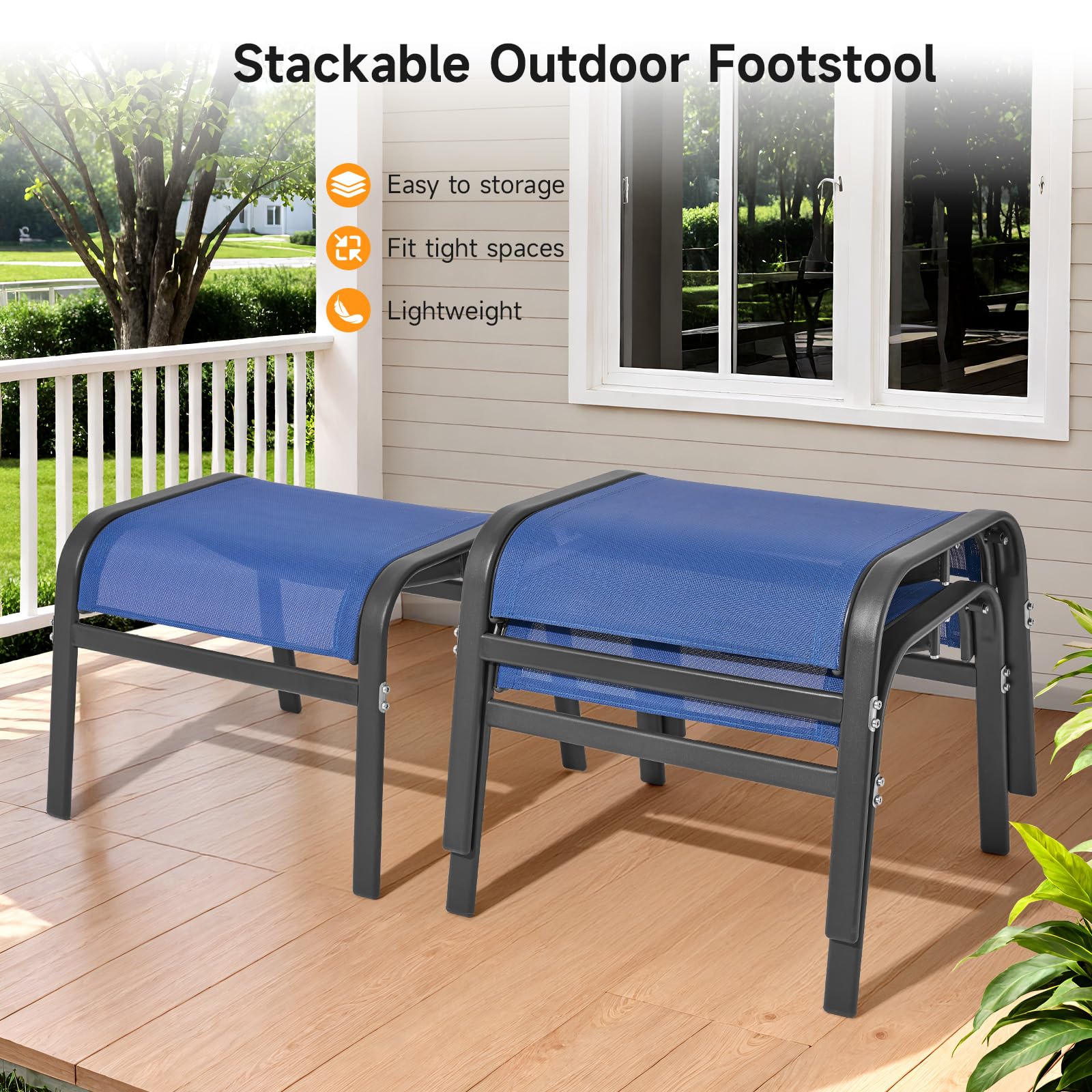 ONBRILL Outdoor Ottoman Set of 2, All Weather Outdoor Foot Stool with Supportive Textliene and Metal Frame, Stackable Oversized Outdoor Foot Rest for Furniture Patio Garden Pool, Beige
