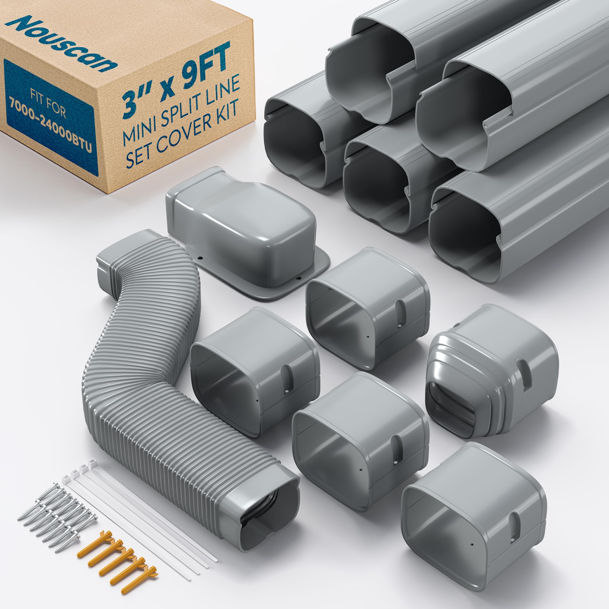 3'' x 9Ft Mini Split Line Set Cover with Flexible Duct, Upgrade PP Decorative Minisplit Lineset Cover Kit, Line Hide for Mini Split, Air Conditioner, Central AC, HVAC and Heat Pumps, Brown