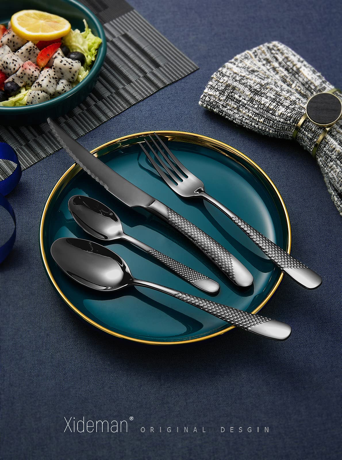 16-Piece Modern Black Hammered Silverware Set with Ultra Sharp 2-IN-1 Serrated Knives, 18/10 Stainless Steel Flatware Set, Titanium Plated Cutlery Set Service for 4, Dishwasher Safe