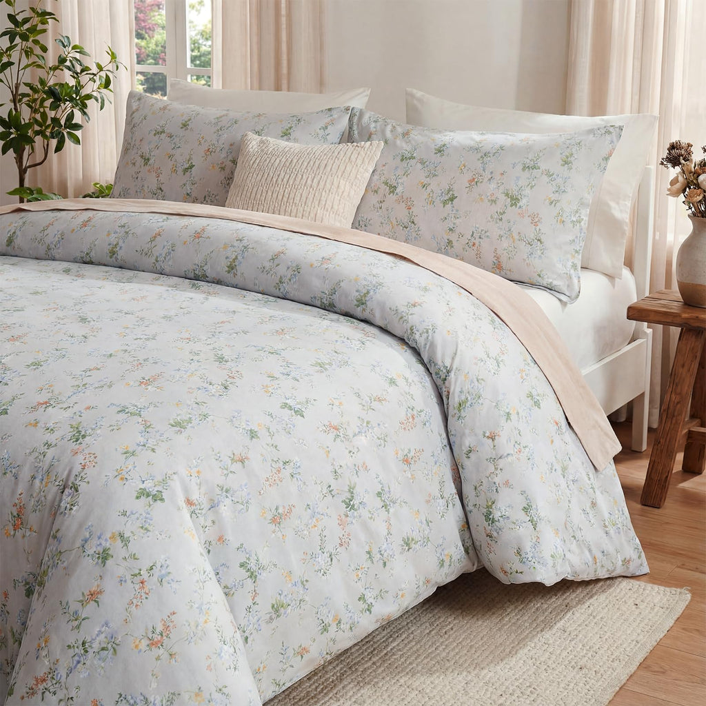 100% Natural Cotton Comforter Set Queen 3 Pcs Grayish Blue Bedding Sets with Luxurious Damask Pattern, Reversible Breathable Soft Comforter Sets for All Season