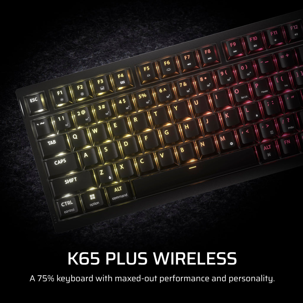 Corsair K65 Plus Wireless 75% RGB Mechanical Gaming Keyboard – Pre-Lubricated MLX Red Linear Switches – PBT Dye-Sub Keycaps – PC, Mac, PS5, PS4, Xbox, iPad – QWERTY NA – Black/Gray