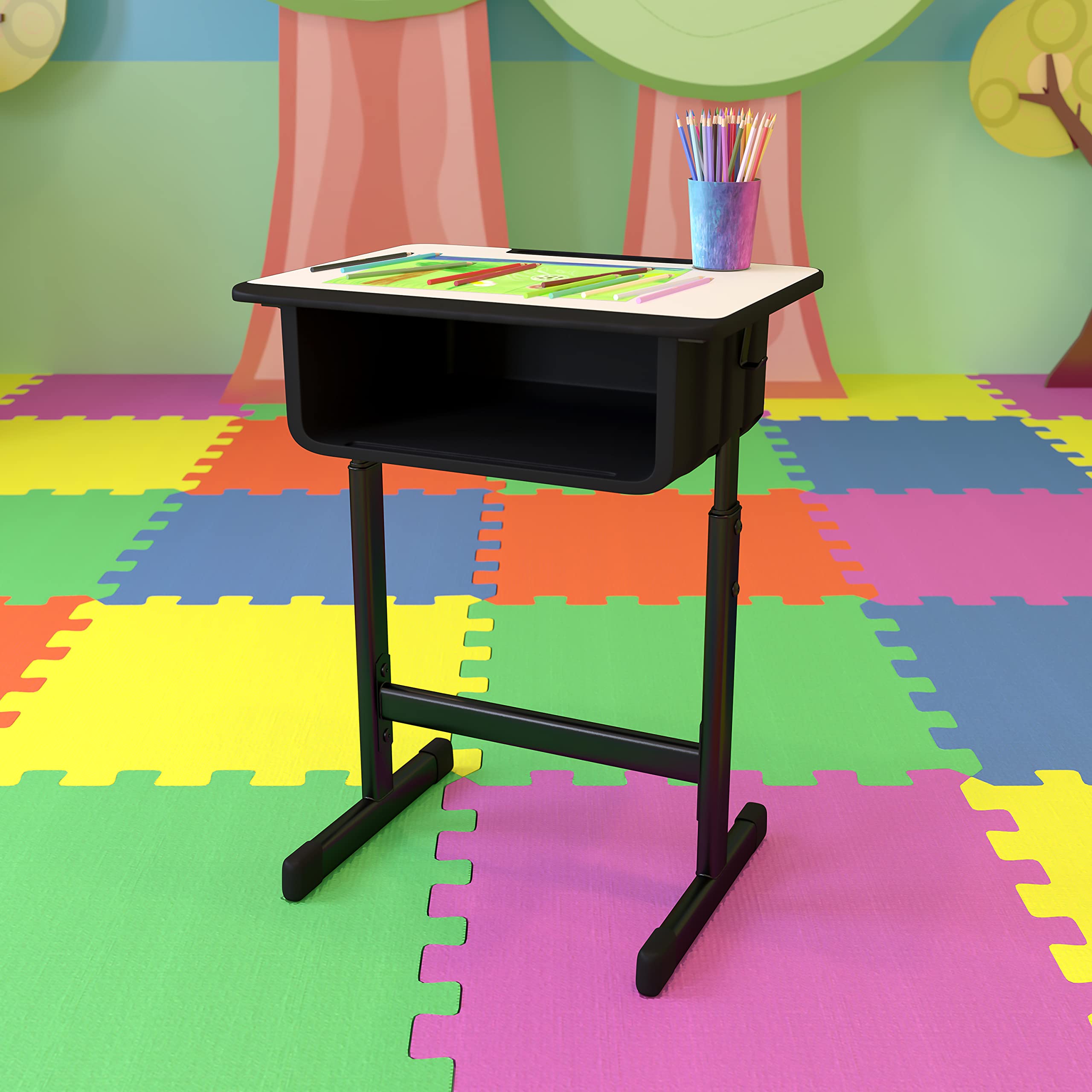 Flash Furniture Billie Open Front Student Desk for Classrooms or Remote Learning, Height Adjust School Desk with Book Box and Bag Hooks, Black/Gray