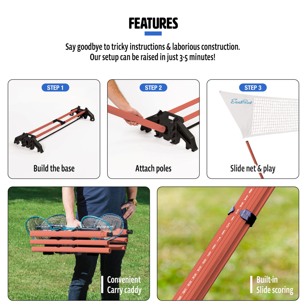 EastPoint Easy Setup Badminton Set - 15 ft Net, 4 Rackets, 2 Shuttlecocks - Quick Setup Net for Backyard Games - Steel Shaft Badminton Rackets for Family Games - Durable Shuttlecocks for Outdoors