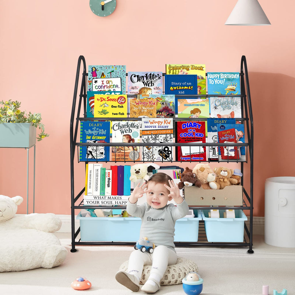 aboxoo Metal Kids Bookshelf Black Large Freestanding for Children Room 32 in Toy Organizer Large Stable Bookcase Bookstore Library Book Unit Storage Kids Bed Living Room