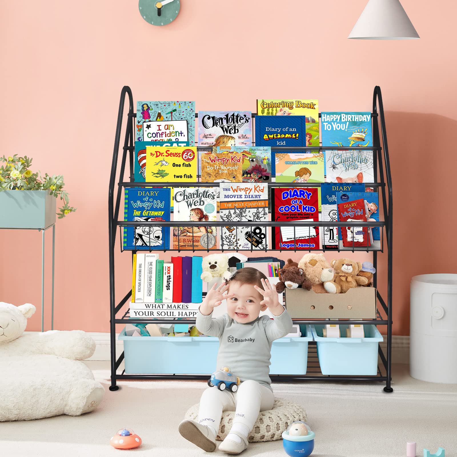 aboxoo Metal Kids Bookshelf Black Large Freestanding for Children Room 32 in Toy Organizer Large Stable Bookcase Bookstore Library Book Unit Storage Kids Bed Living Room