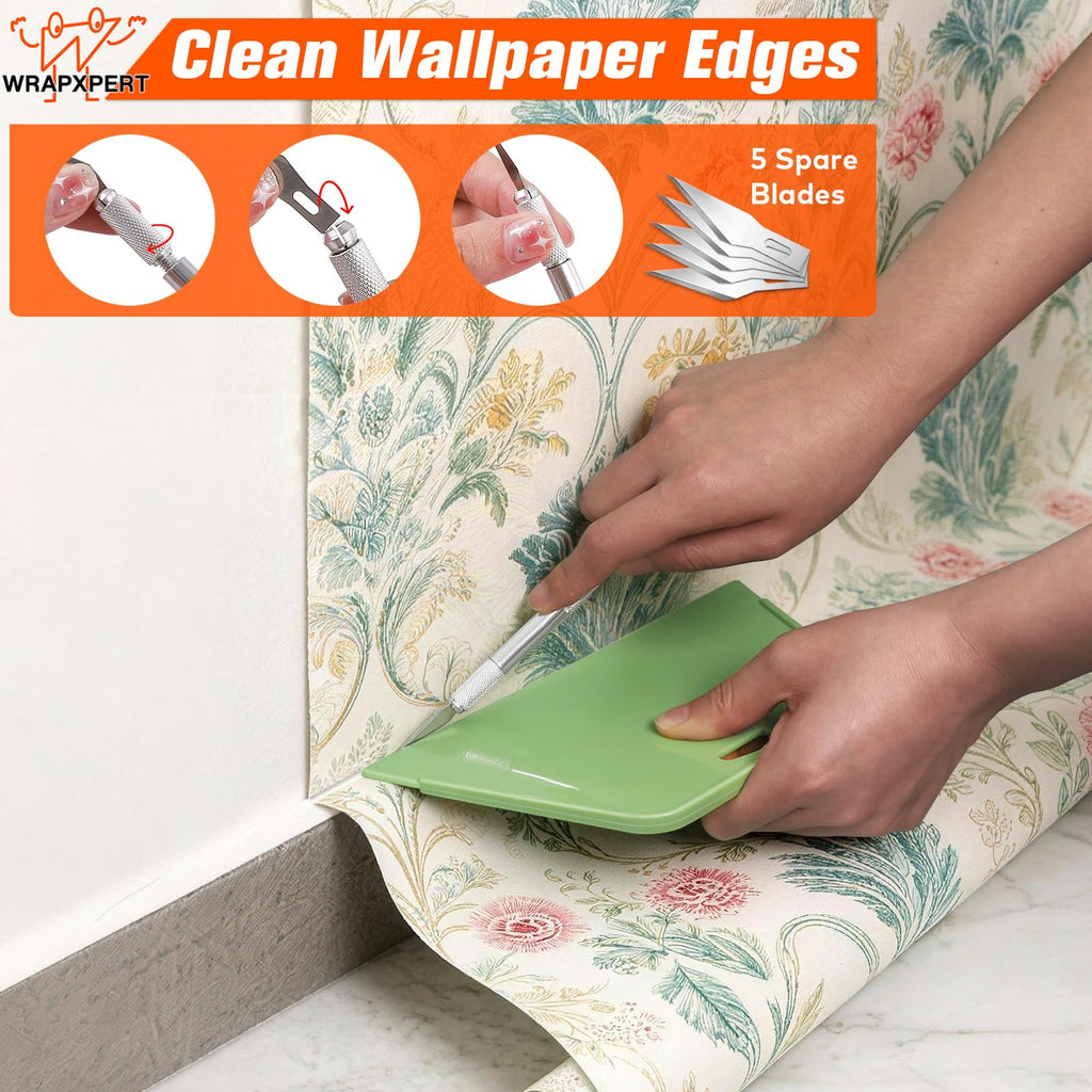 WRAPXPERT Wallpaper Tools, Smoothing Tool Kit for Peel and Stick Wallpaper/Contact Paper/Vinyl Backsplash Applying, with Squeegee Smoother, Seam Roller, Razor Scraper, Knife and Blades