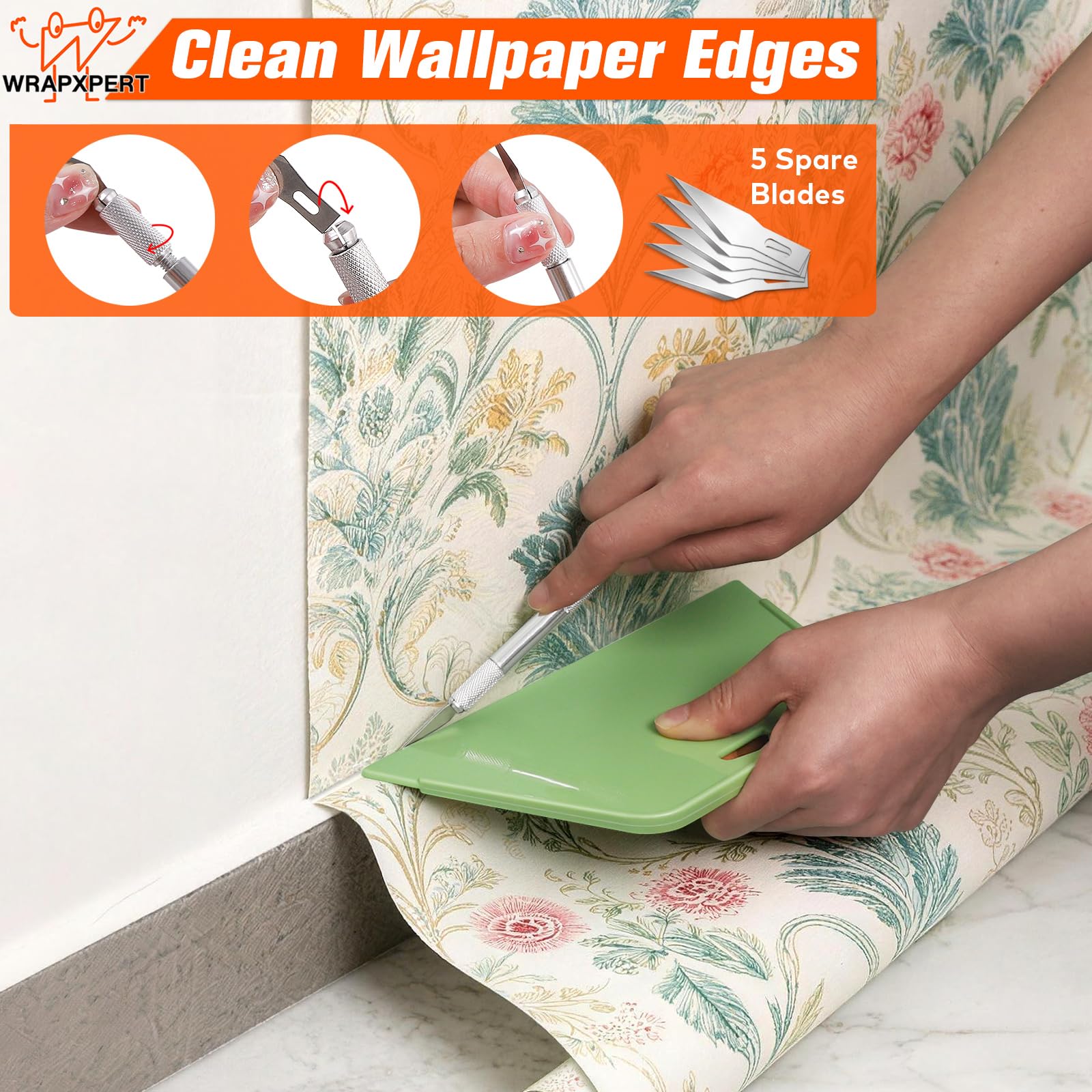 WRAPXPERT Wallpaper Tools, Smoothing Tool Kit for Peel and Stick Wallpaper/Contact Paper/Vinyl Backsplash Applying, with Squeegee Smoother, Seam Roller, Razor Scraper, Knife and Blades