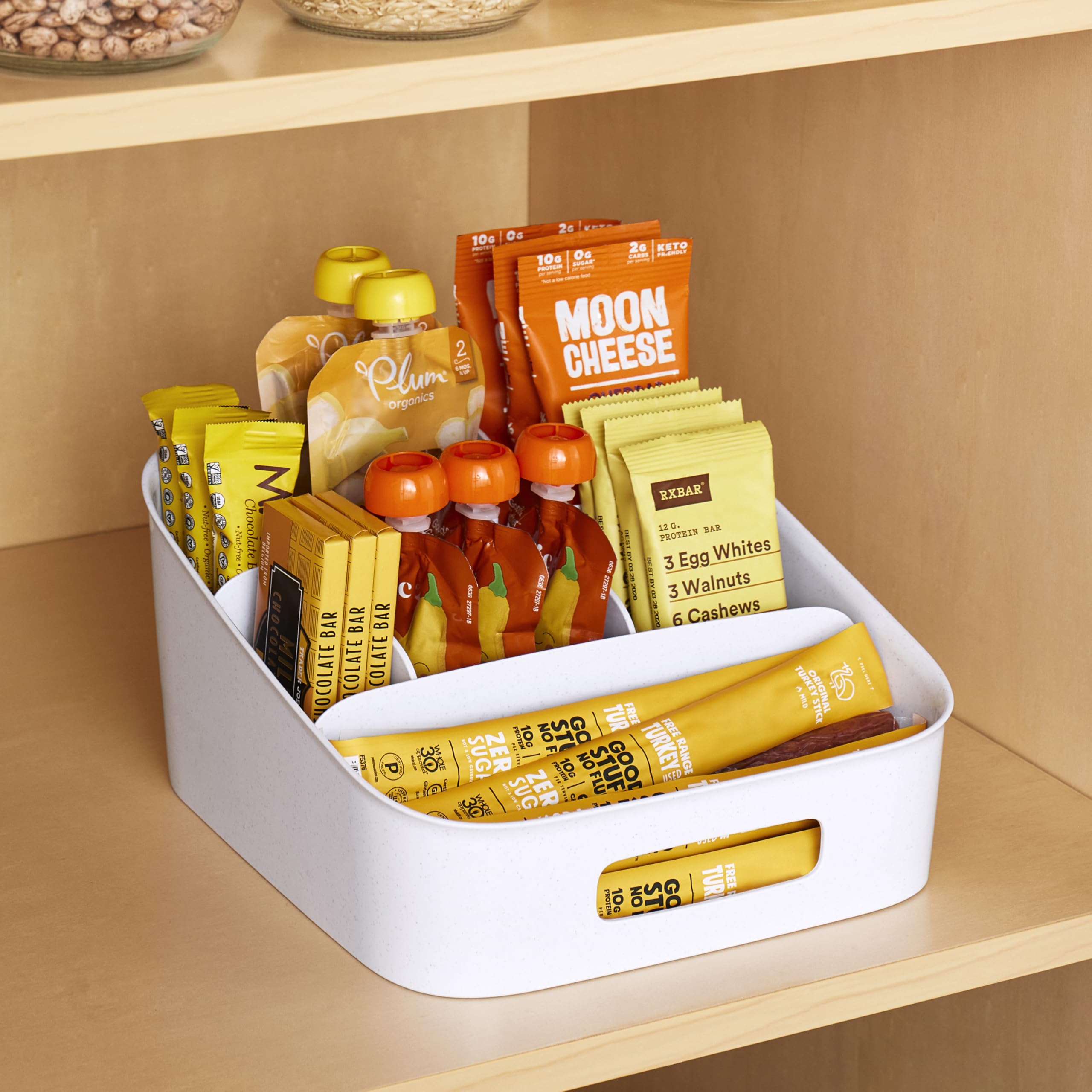 YouCopia ShelfBin Packet Organizer, 4-Tier Stairstep Raised Divided Bin, BPA-Free Storage Caddy for Kitchen Pantry and Cabinet Organization, Tea Bags, Medicine, and More