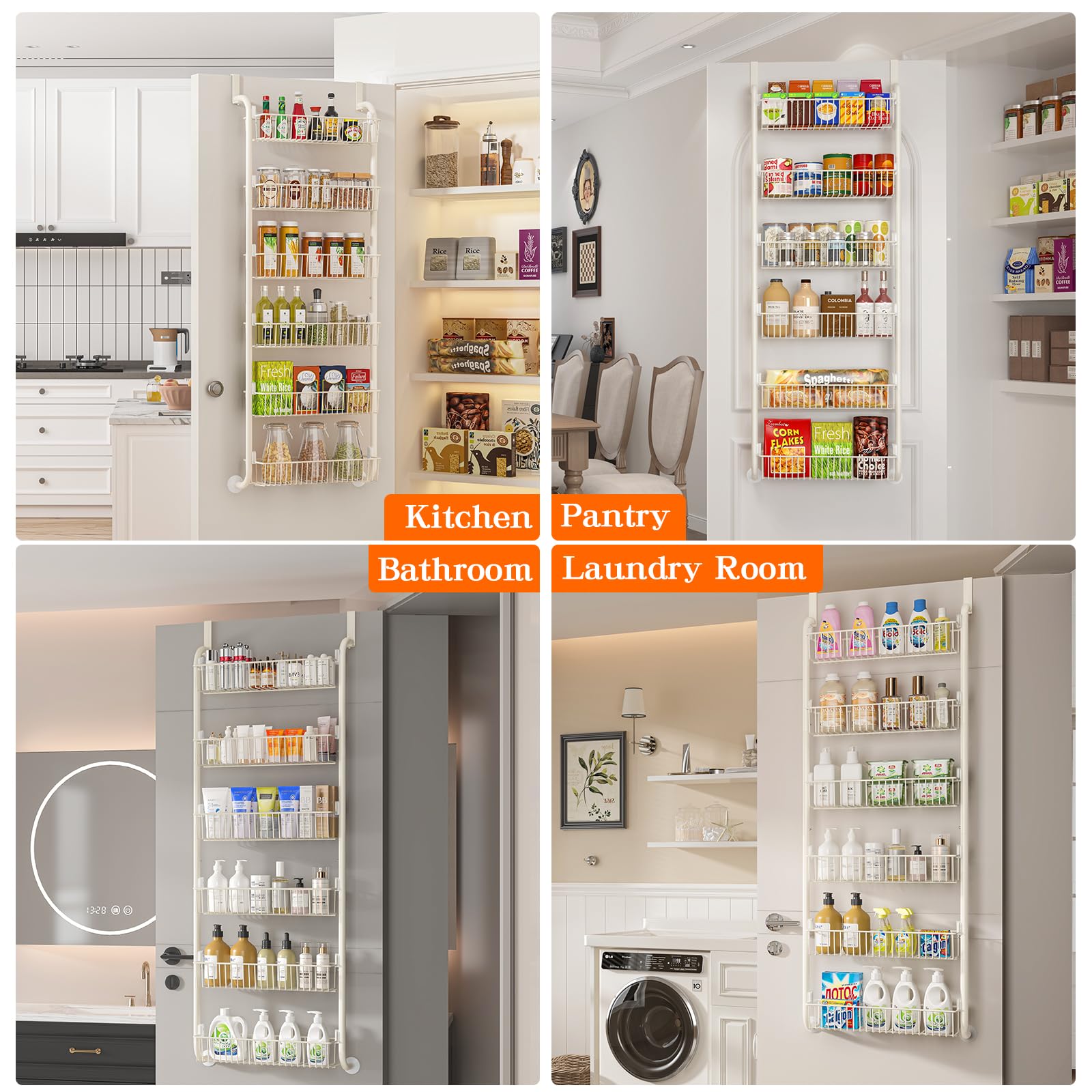 MIAOLI Over the Door Pantry Organizers and Storage, 8-Tier Spice Rack, Home & Kitchen Storage Shelves for Cabinet, Large Capacity Hanging Seasoning Organizer, Laundry Room Organization, White