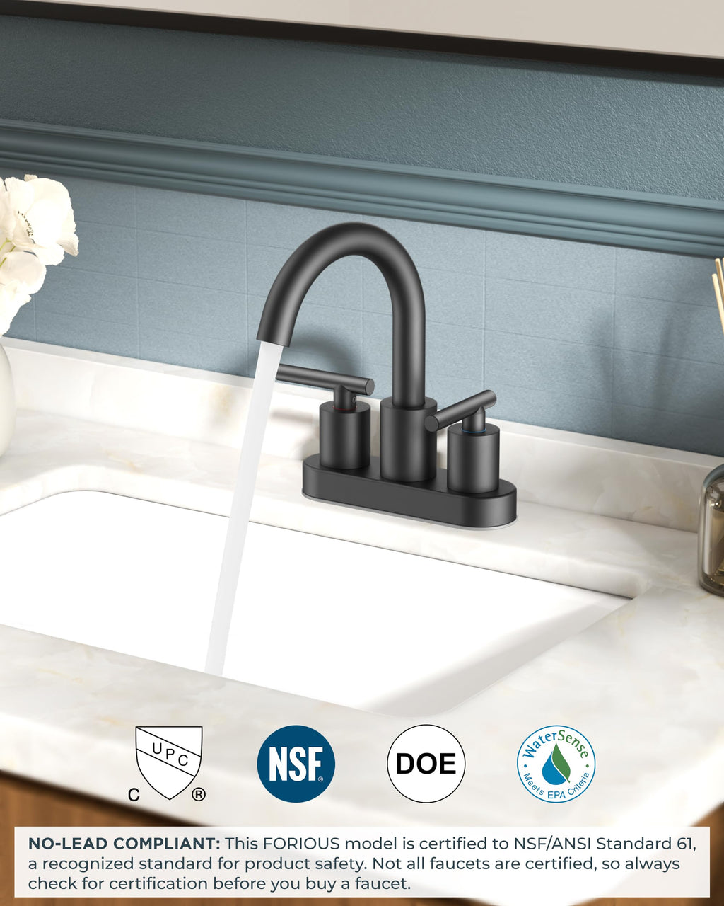 FORIOUS 4" Brushed Gold Bathroom Faucet Centerset 4 Inch, 2 Handle 2 Hole Gold Faucets for Bathroom Vanity wtih Metal Pop Up Dain, CUPC Supply Hose, High Arc Swivel Spout
