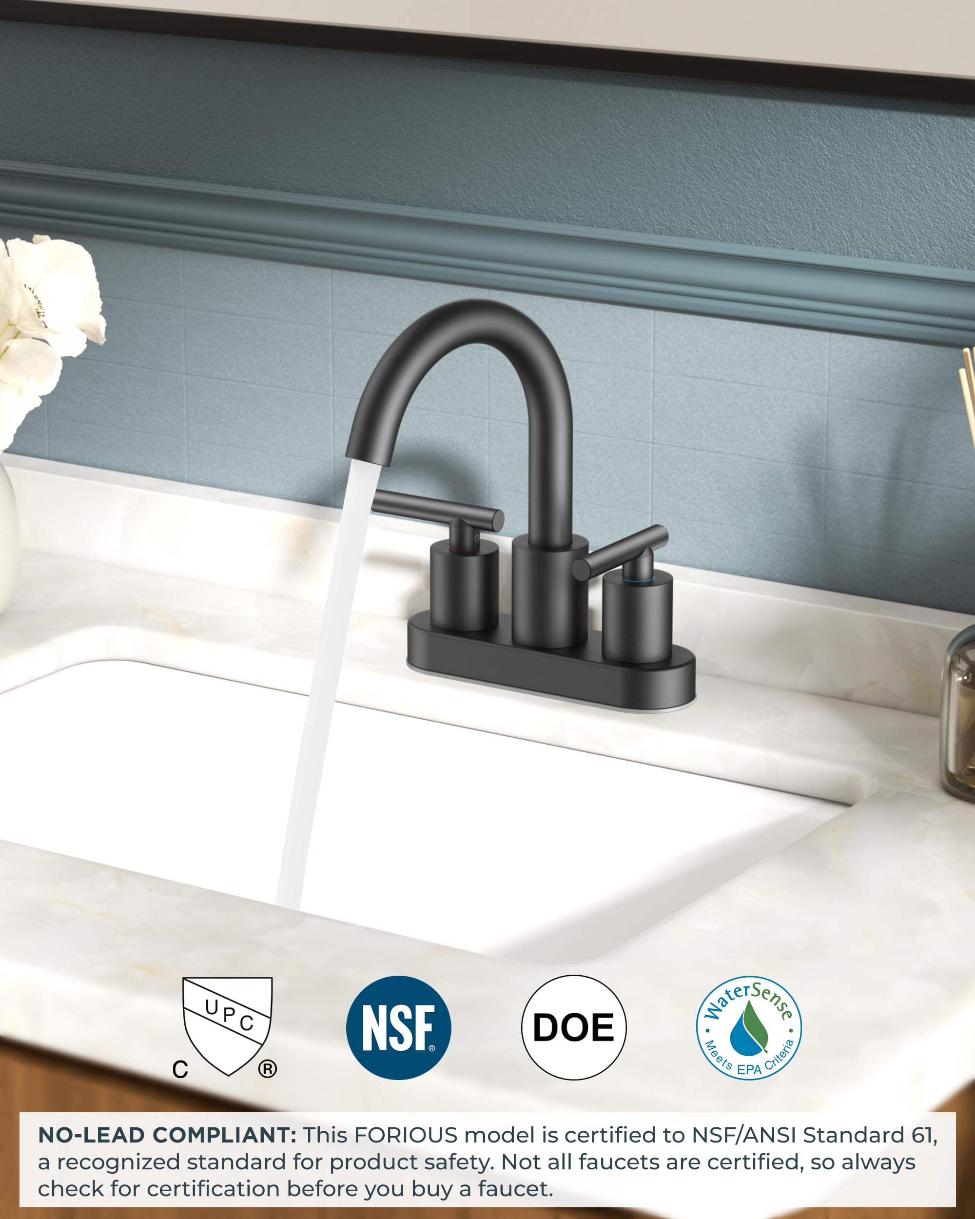FORIOUS 4" Brushed Gold Bathroom Faucet Centerset 4 Inch, 2 Handle 2 Hole Gold Faucets for Bathroom Vanity wtih Metal Pop Up Dain, CUPC Supply Hose, High Arc Swivel Spout