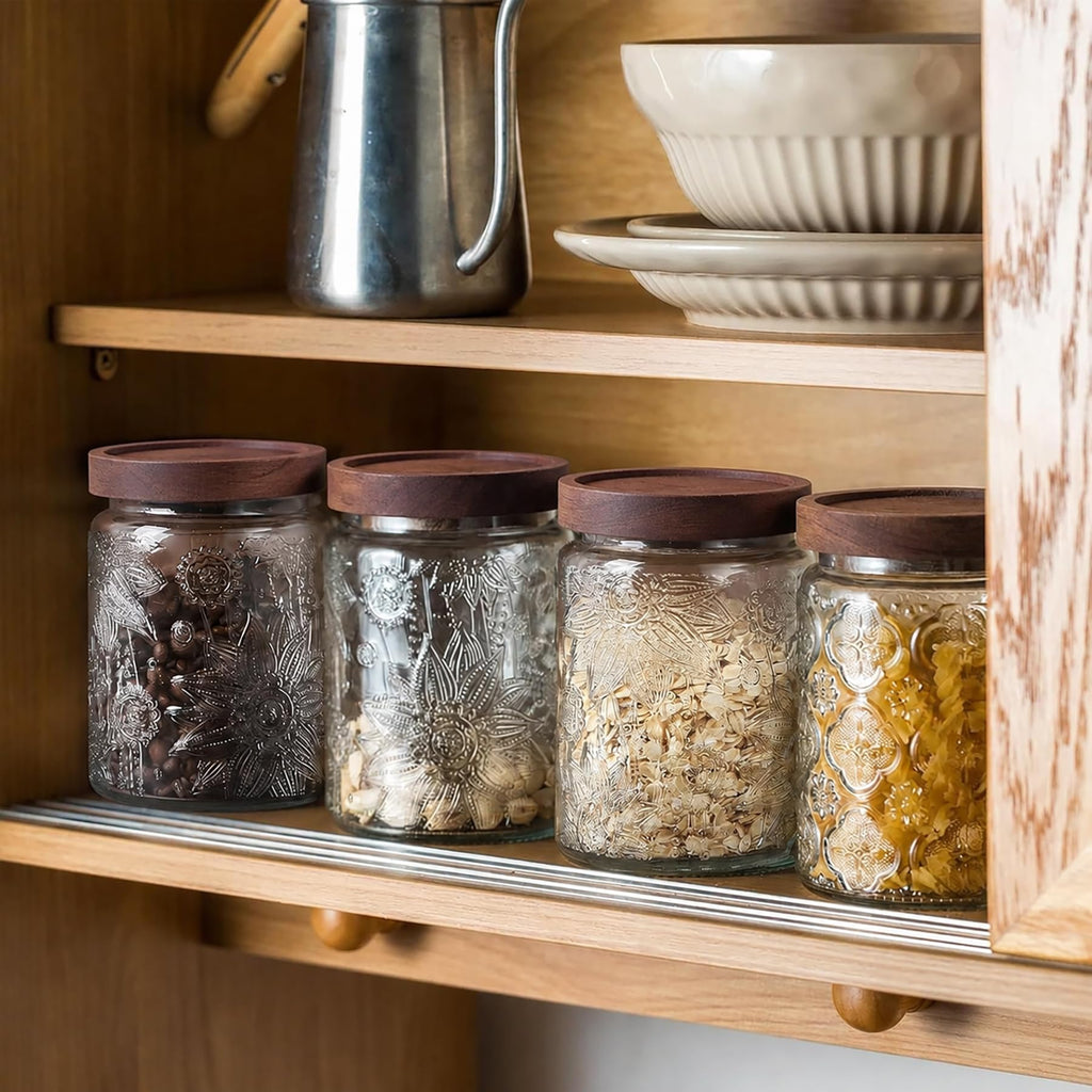 Custde Glass Storage Jars With Airtight Lid, 23.7oz Container For Kitchen Counter with Wooden Lid, brown sugar, candy, coffee, cookie, salt, tea, cute Jar (35oz Large Begonia Flowers)