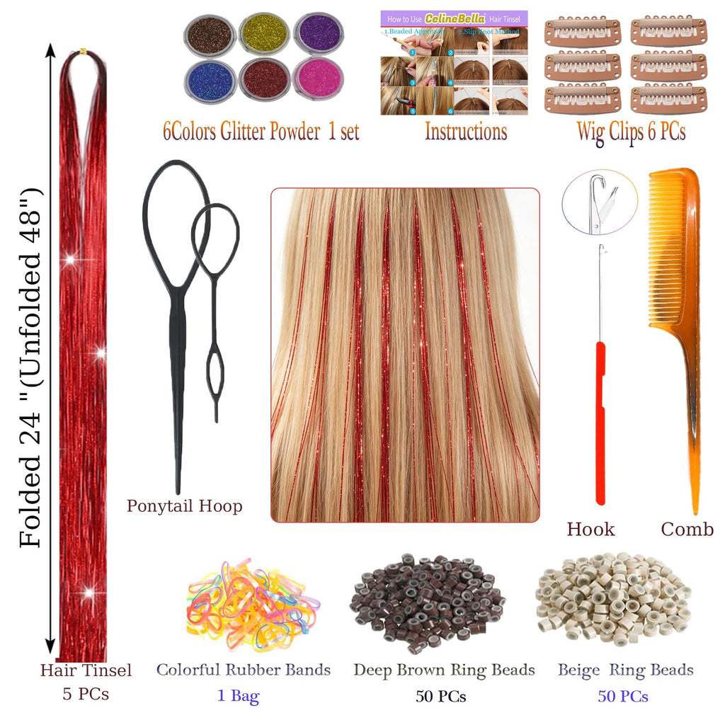 Celinebella Bubblegum Pink Hair Tinsel, 48" 1250 Strands Bright Shimmer | Vibrant hot pink bubblegum tone, youthful energetic, heat resistant, great for prom concerts birthday parties events
