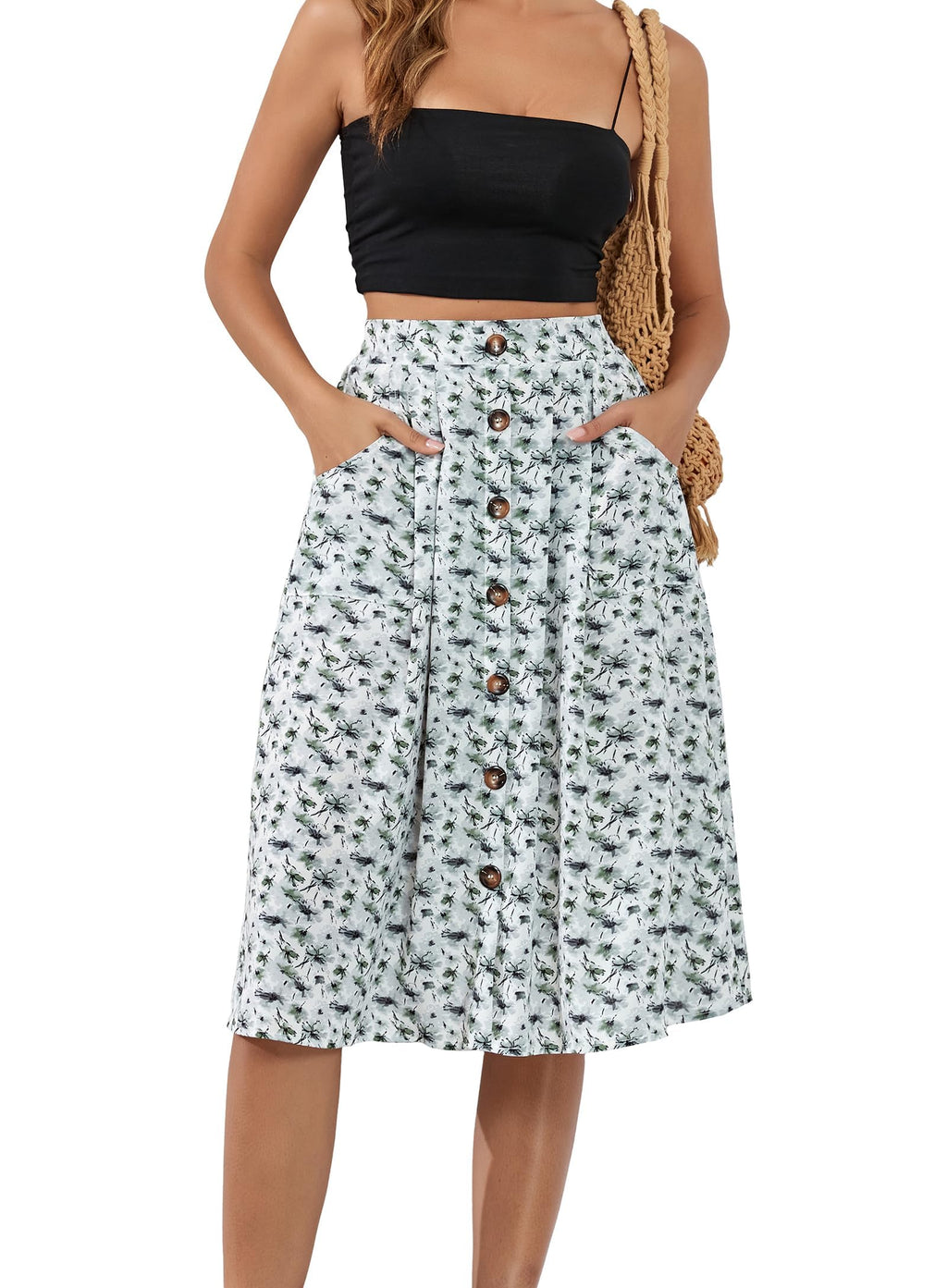 Naggoo Womens Summer Skirts Casual Front Button A-Line High Waisted Midi Skirt with Pockets