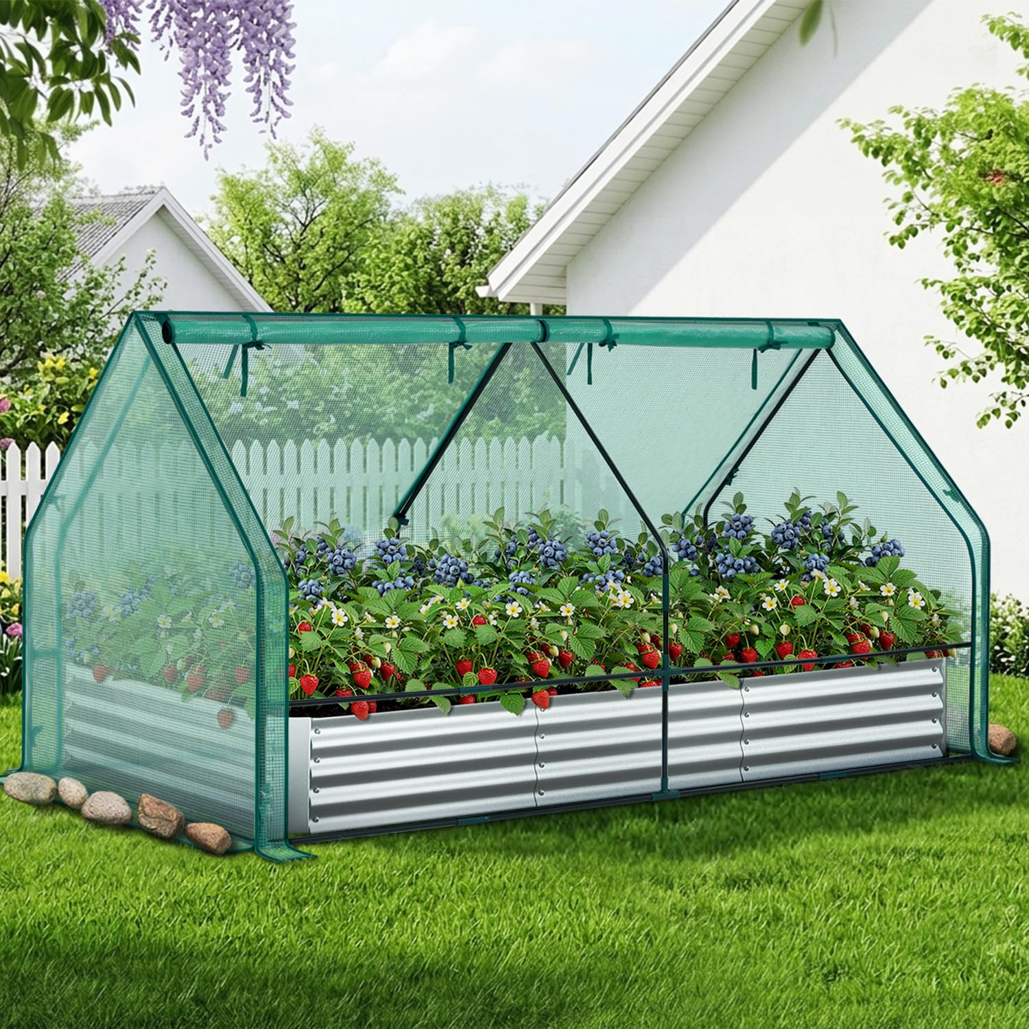 Ohuhu 8x4x1 FT Raised Garden Bed with Cover, 3-in-1 Galvanized Metal Planter Box with Greenhouse for Outdoor Plants, Dual-Side Access for Easy Plant Care, All-Season Frost & Pest Protection