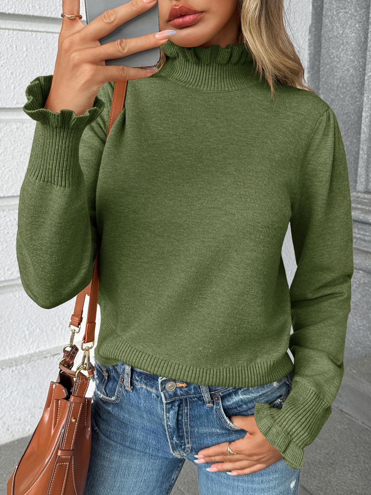 Saodimallsu Womens Ruffle Mock Neck Sweater Puff Long Sleeve Fall Soft Knit Casual Pullover Sweaters Top