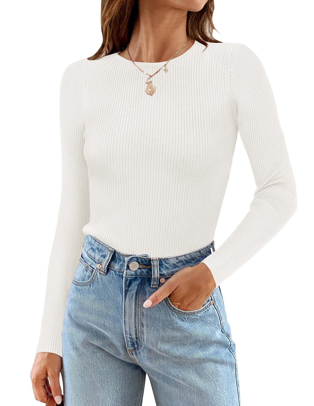 ZESICA Women's Long Sleeve Crewneck Shirts 2026 Spring Ribbed Knit Sweater Slim Fitted Casual Basic Tee Tops