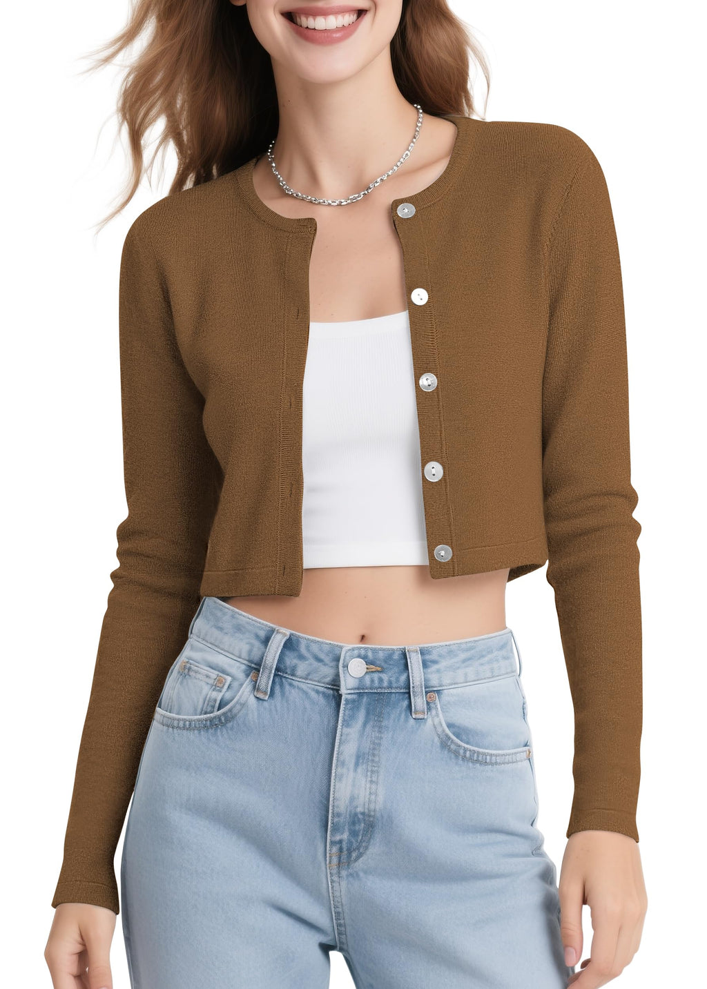 Urban CoCo Women's Long Sleeve Button Up Cropped Cardigan Sweaters for Women Crew Neck Short Bolero Shrug for Dresses