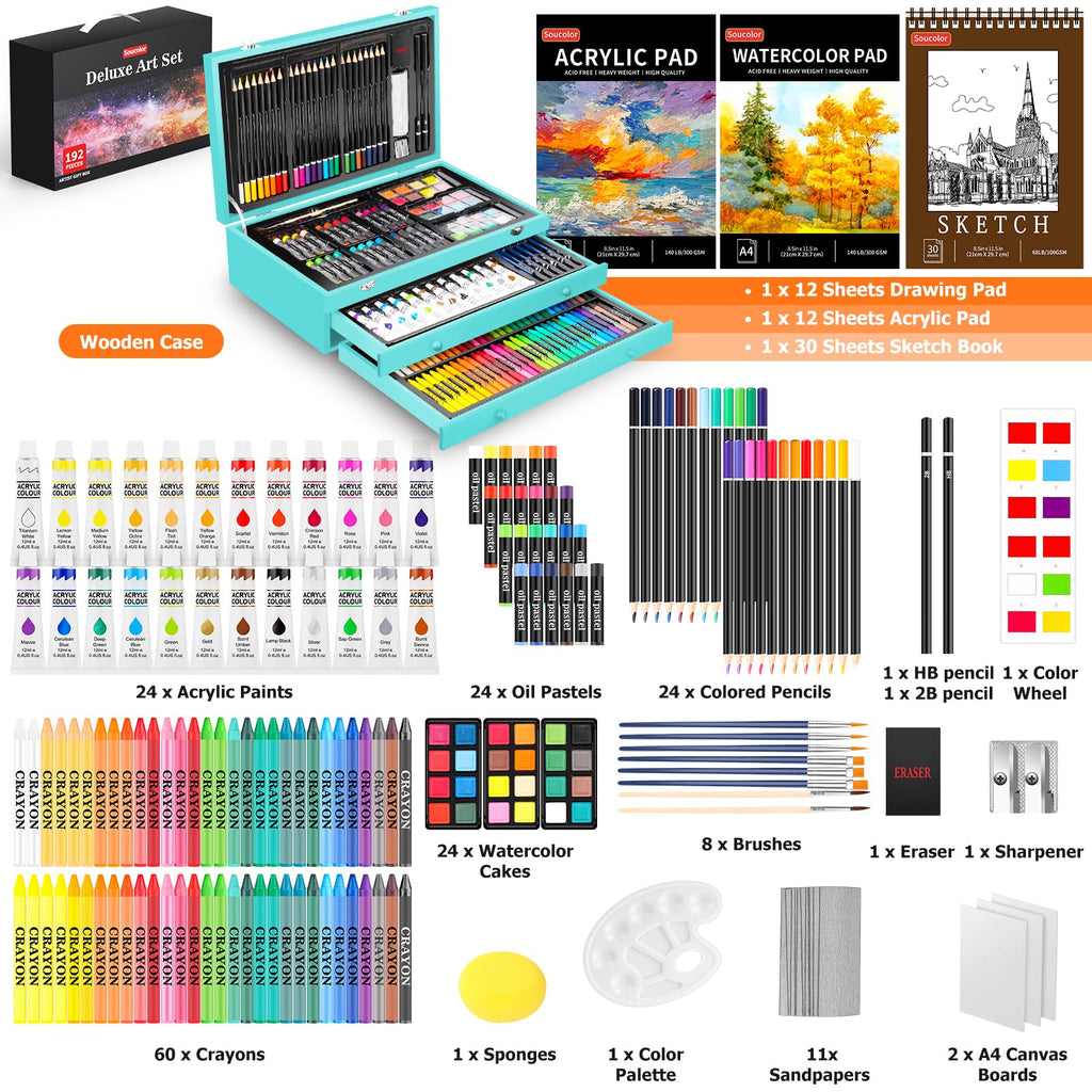 Soucolor Art Supplies, 192-Pack Deluxe Art Set Drawing Painting Supplies Kit with Acrylic Pad, Watercolor Pad, Sketch Book, Canvases, Acrylic Paint, Crayons, Pencils, Gifts for Artist Adults Teen Kids