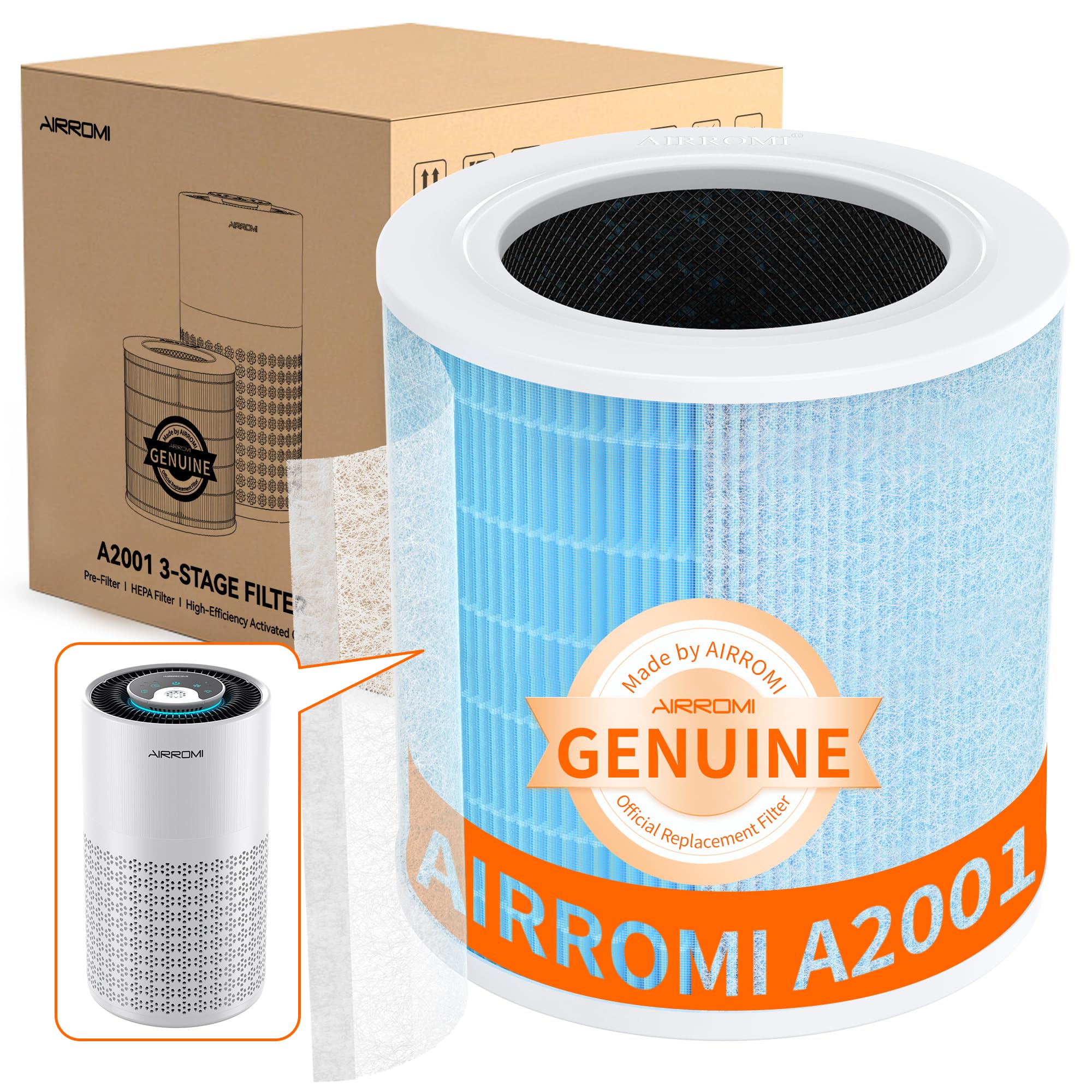 AIRROMI A2001 HEPA Air Purifier Replacement Filter, 3-In-1 Original Filter, Remove 99.97% of 0.3 Micron Particle 2 Pack White Activated Carbon