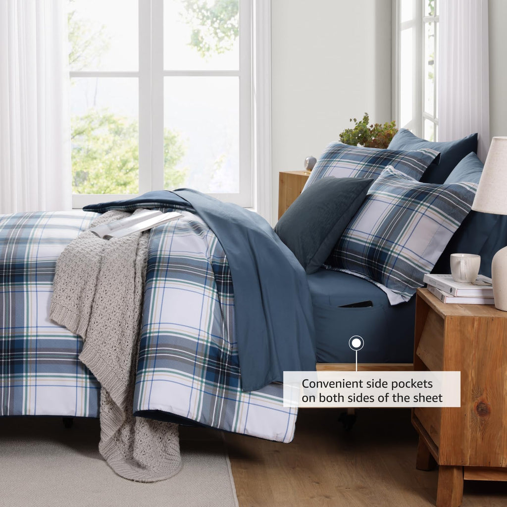 MaiRêve Queen Comforter Set, Classic Plaid Farmhouse Bedding Sets 7 Pieces, Beige All Season Bed in A Bag with Sheets, Pillowcases & Shams
