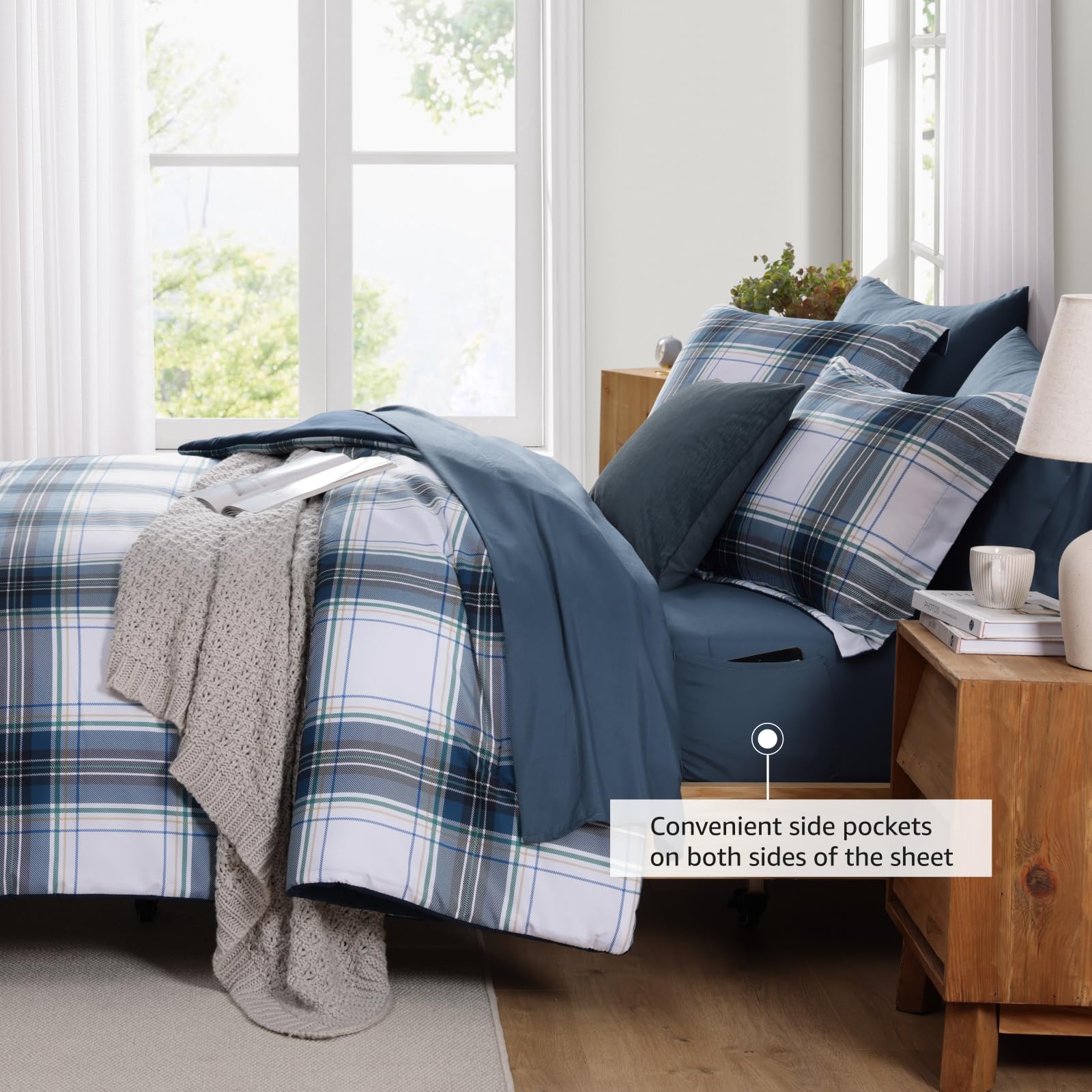 MaiRêve Queen Comforter Set, Classic Plaid Farmhouse Bedding Sets 7 Pieces, Beige All Season Bed in A Bag with Sheets, Pillowcases & Shams