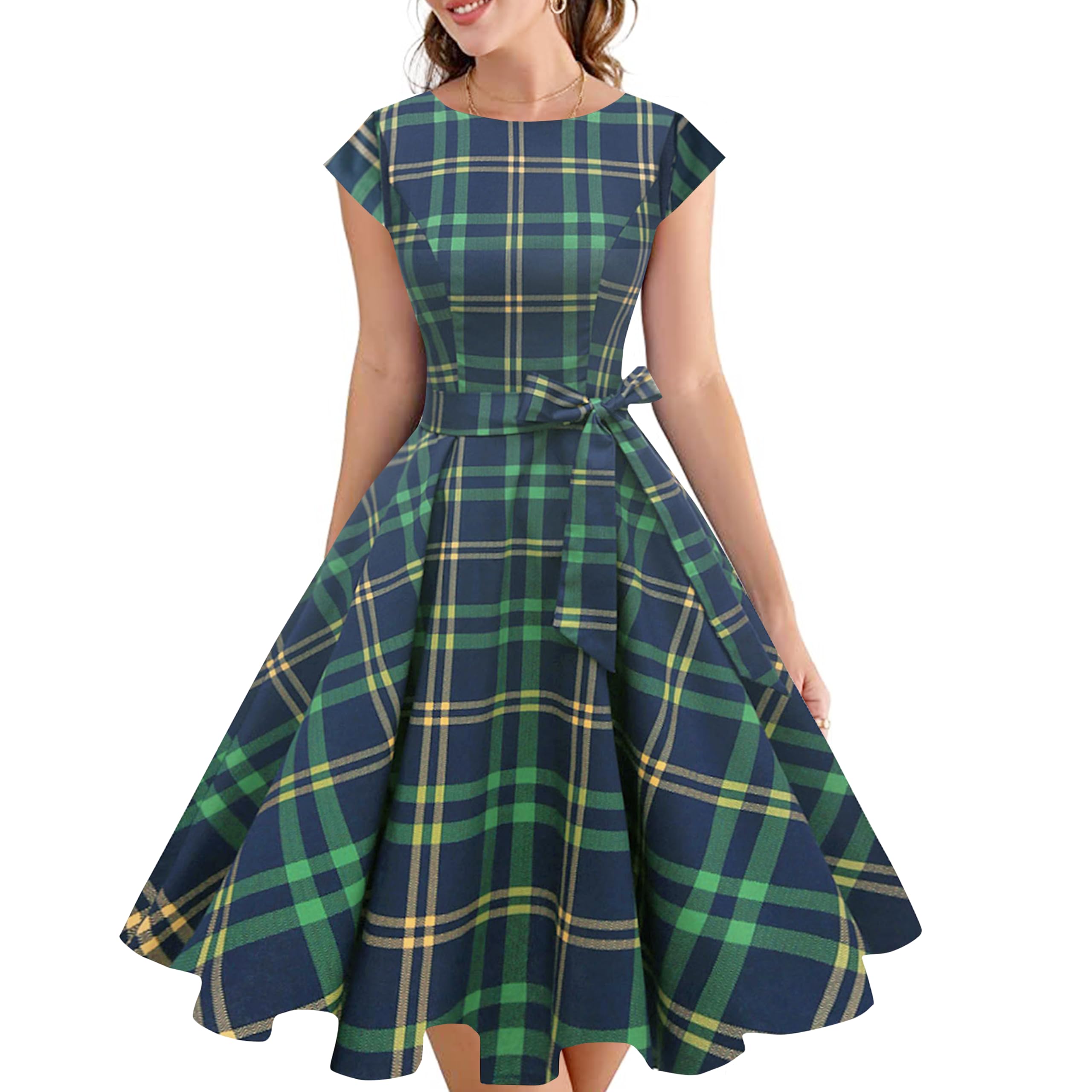 PUKAVT Women's 1950 Boatneck Cap Sleeve Vintage Swing Cocktail Party Dress with Pockets