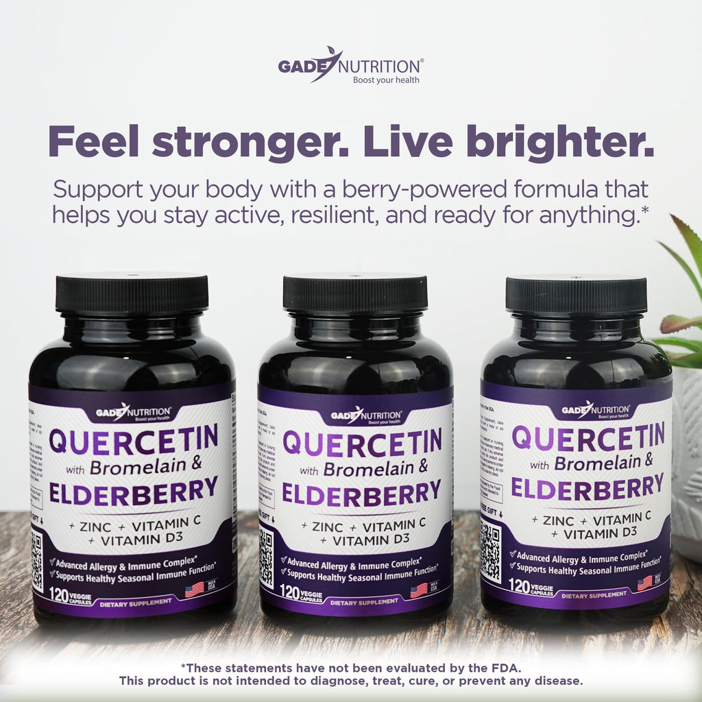 Gade Nutrition Quercetin with Bromelain Elderberry Vitamin C and Zinc | Sambucus Immune Support Supplement 500mg Capsules | Gluten-Free | Made in USA | 2 Month Supply Third Party Tested