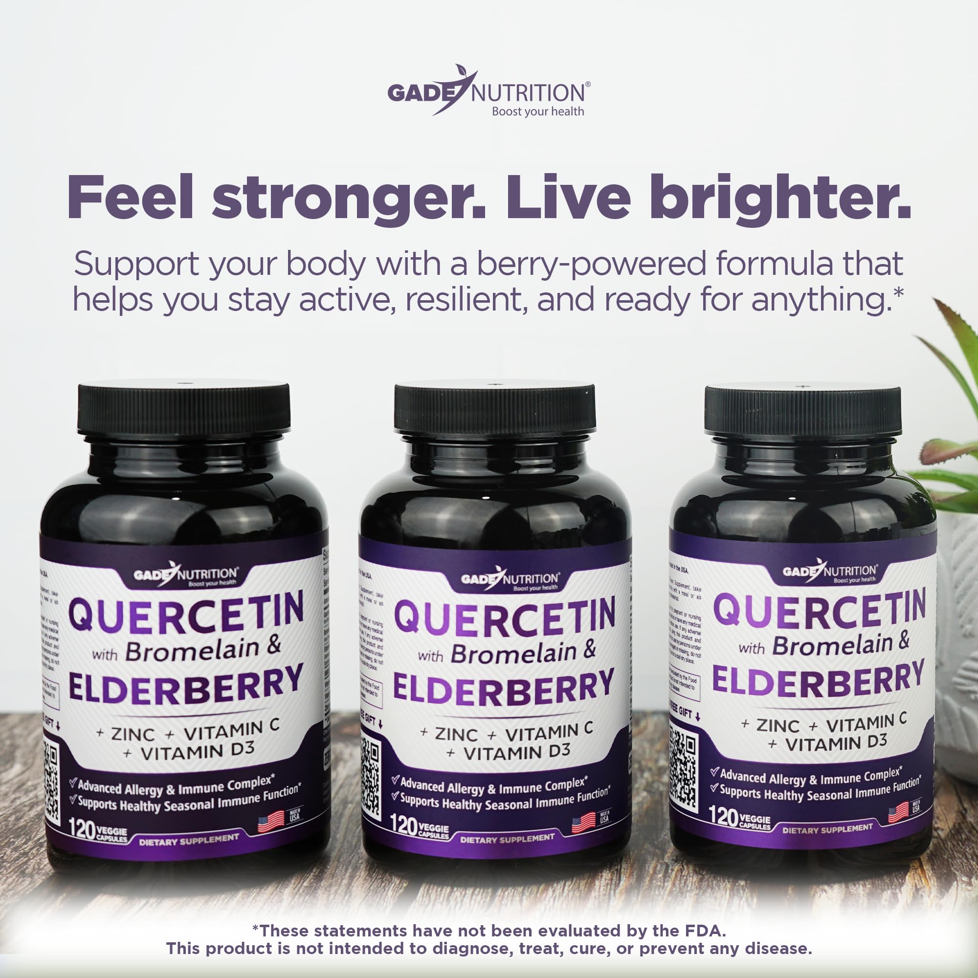 Gade Nutrition Quercetin with Bromelain Elderberry Vitamin C and Zinc | Sambucus Immune Support Supplement 500mg Capsules | Gluten-Free | Made in USA | 2 Month Supply Third Party Tested