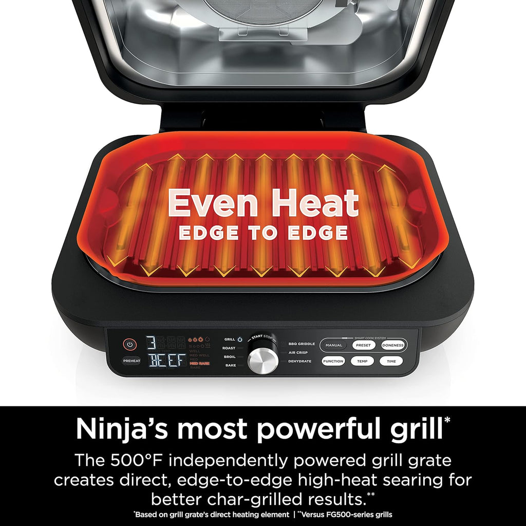 Ninja IG651 Foodi Smart XL Pro 7-in-1 Indoor Grill/Griddle Combo, use Opened or Closed, Air Fry, Dehydrate & More, Pro Power Grate, Flat Top, Crisper, Smart Thermometer, Black
