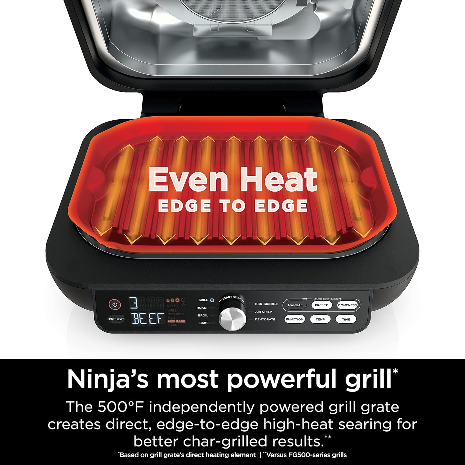Ninja IG651 Foodi Smart XL Pro 7-in-1 Indoor Grill/Griddle Combo, use Opened or Closed, Air Fry, Dehydrate & More, Pro Power Grate, Flat Top, Crisper, Smart Thermometer, Black
