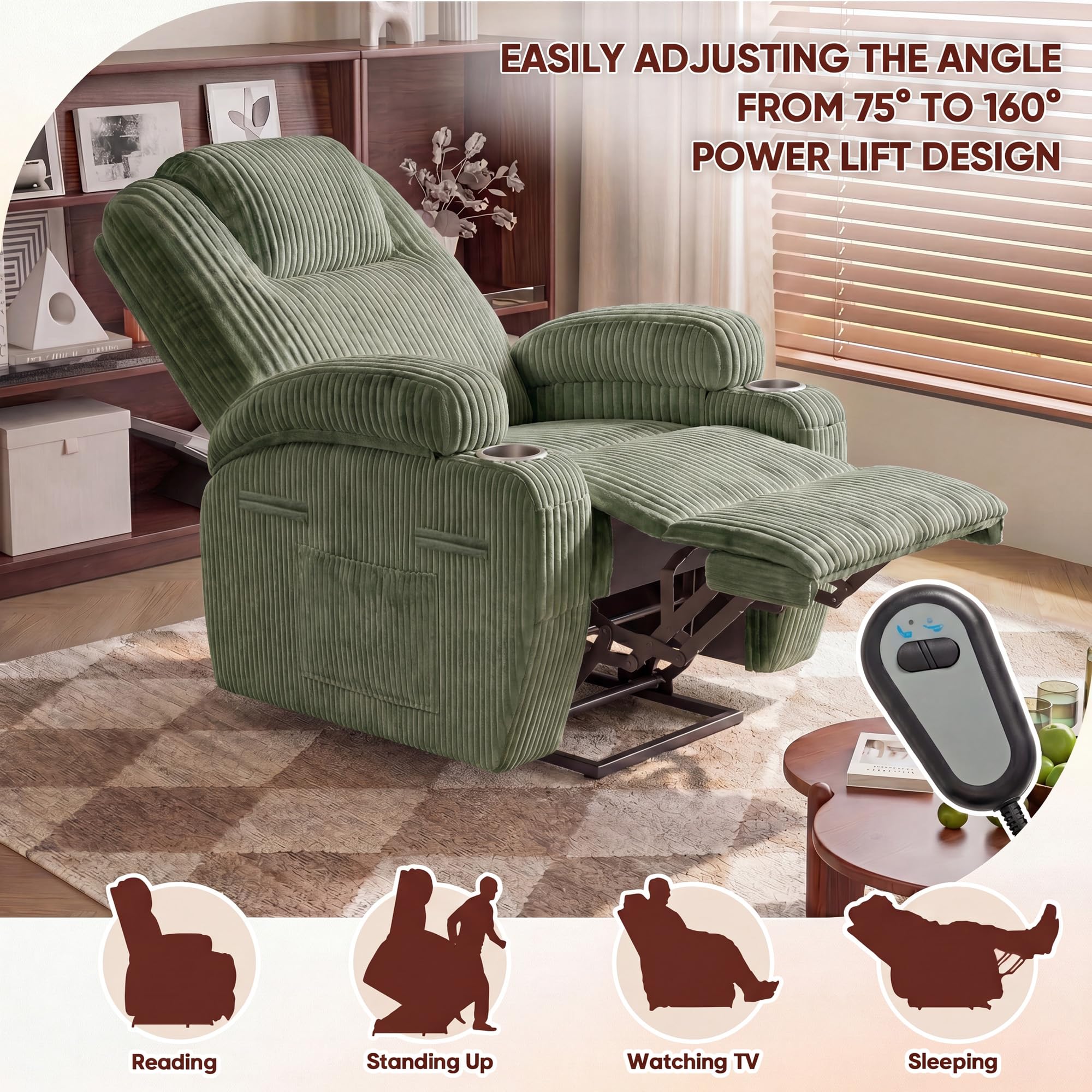 Furmax Electric Power Lift Recliner Chair with Massage for Elderly Corduroy Fabric Recliner Single Sofa with Cup Holders, Side Pockets and Remote Control for Living Room Bedroom (Leathaire, Brown)